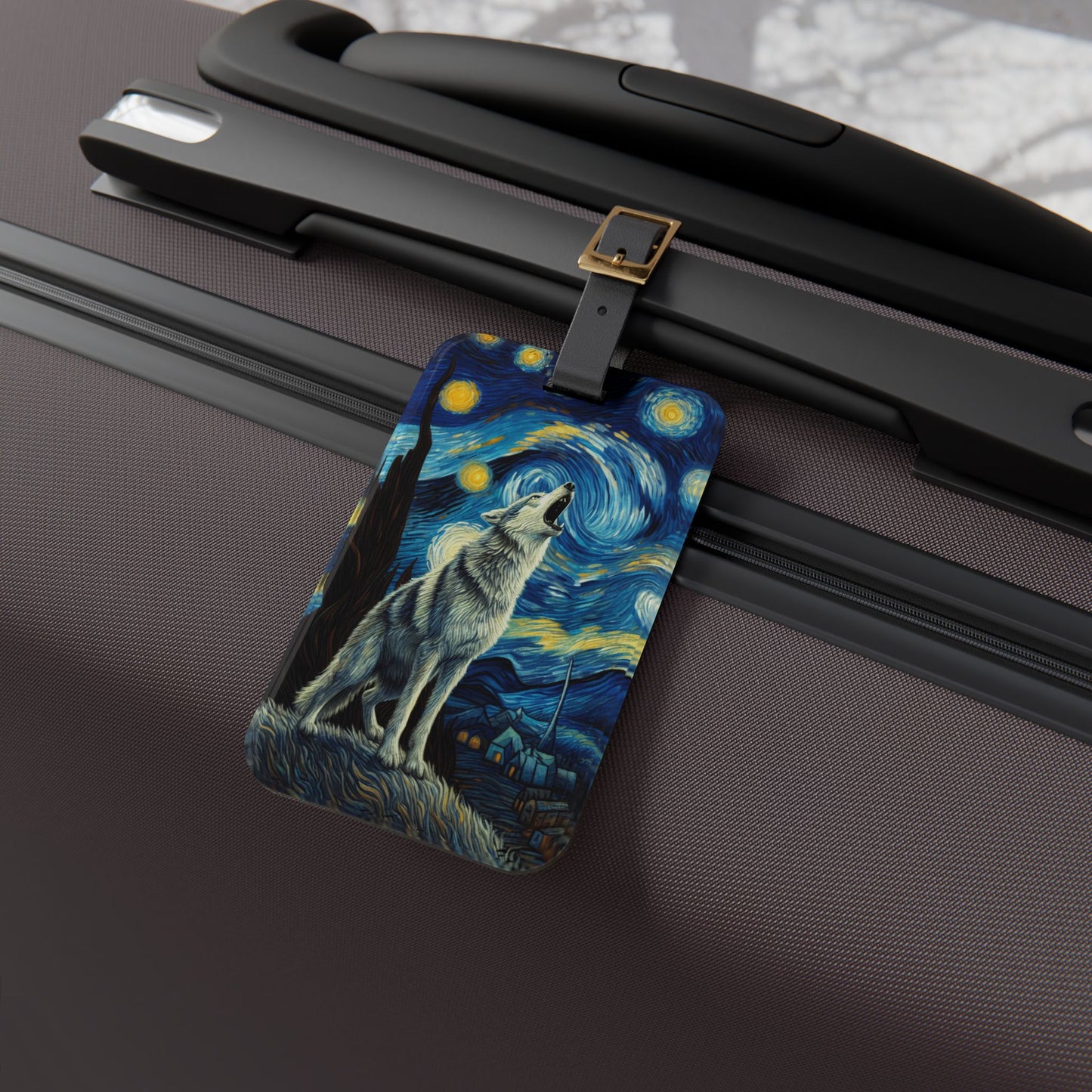 Lone Wolf Night Sky Luggage Tag | Starry Night-Inspired Travel Accessory | Mystical Wolf Baggage ID | Nature & Wilderness Lover Gift