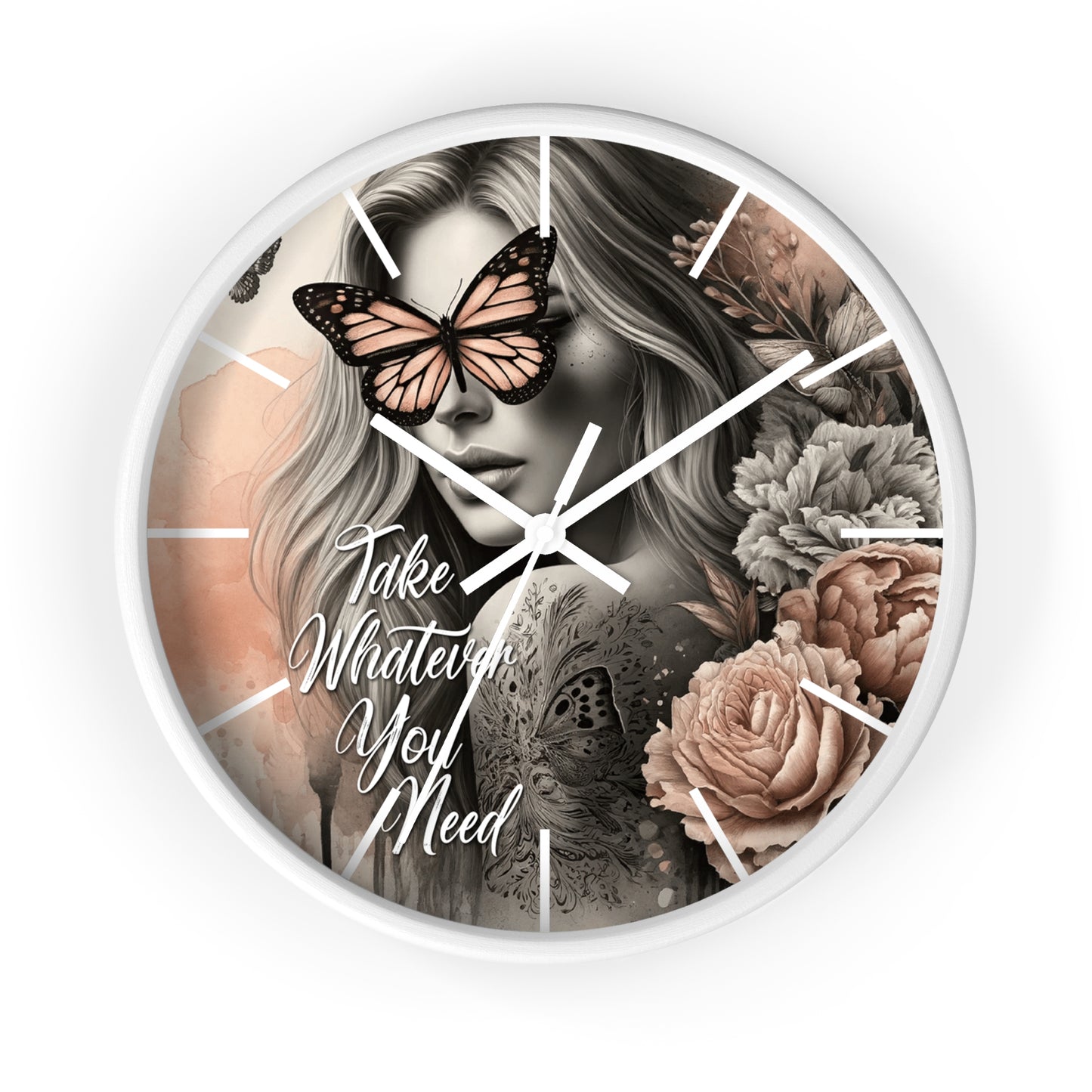 Take What You Need Wall Clock | Uplifting Affirmation Art | Battery Operated | Beautiful Woman with Flowers | Inspiring Dark Aesthetic Decor