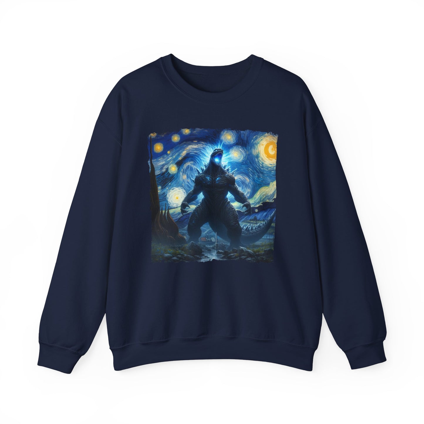 Giant Dinosaur Lizard Night Sky Crewneck Sweater | Kaiju-Inspired Starry Night Art Pullover | Epic Anime Monster Sweatshirt Dino Kaiju Fans