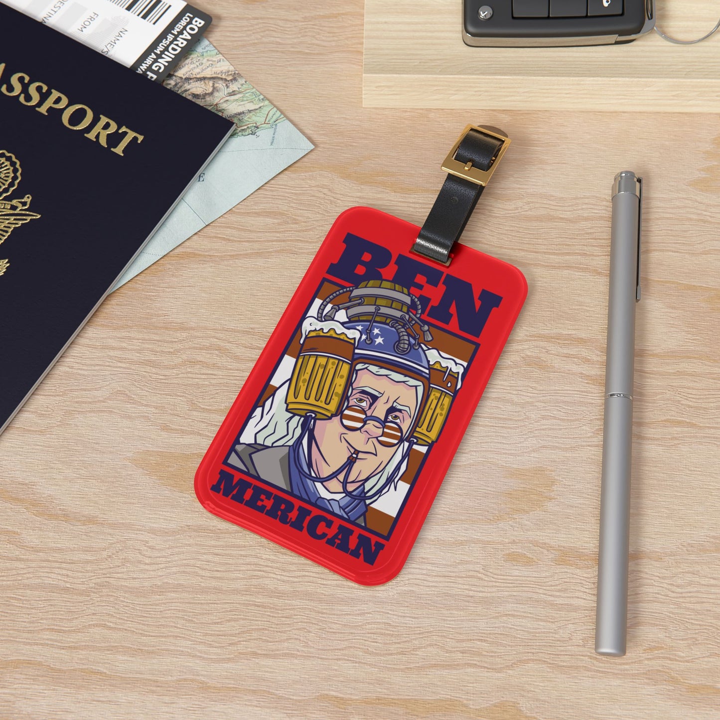 Ben Merica Drinking Patriot Luggage Tag Funny Founding Father Travel Accessory USA Pride Suitcase ID Badge Beer Lover Patriotic Gift Baggage