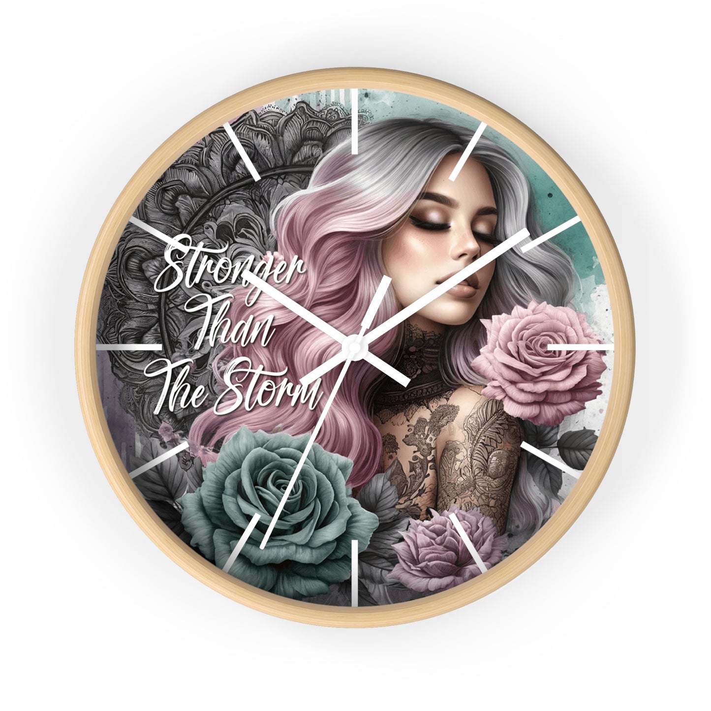 Stronger Than the Storm Wall Clock | Empowering Affirmation Quote Art | Battery Operated | Beautiful Woman Flowers Bold Dark Aesthetic Decor