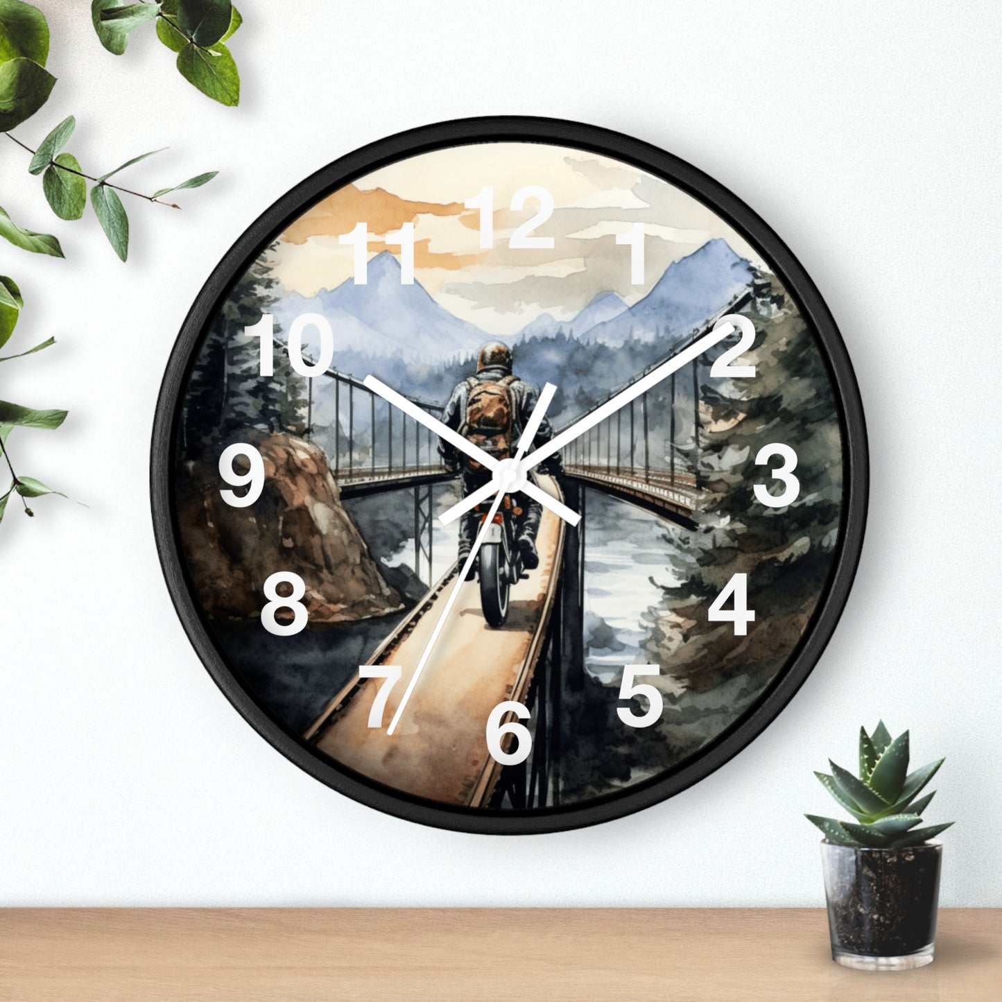 Scenic Bridge Wall Clock | Mountain Forest Peaceful Ride | Motorcycle Art | Unique Biker Decor Nature Adventure Gift Battery Operated Clock