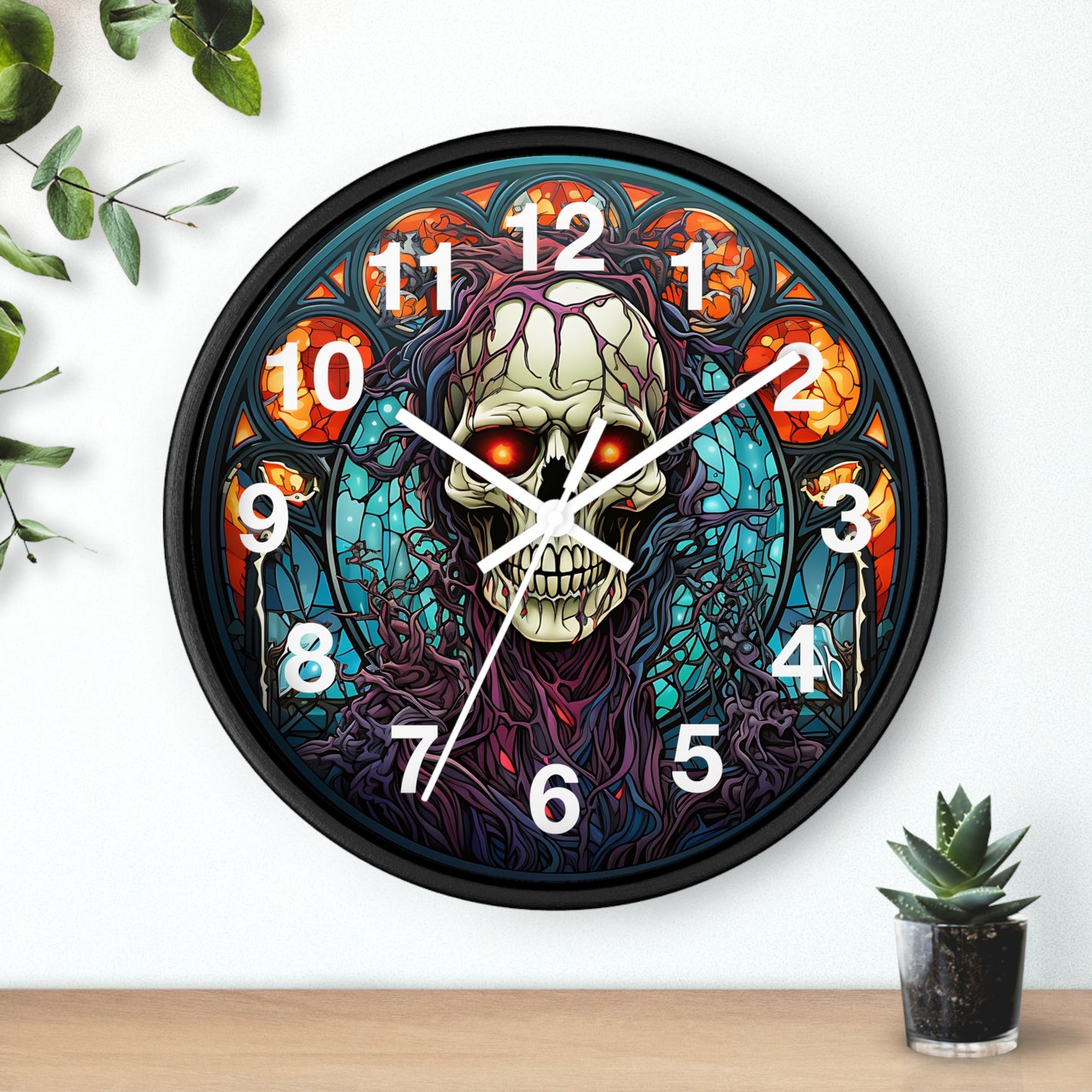 Skull Mosaic Glass Style Wall Clock | Battery Operated | Unique Gothic Decor | Perfect Gift for Skull Lovers | Eye-Catching Home Accent