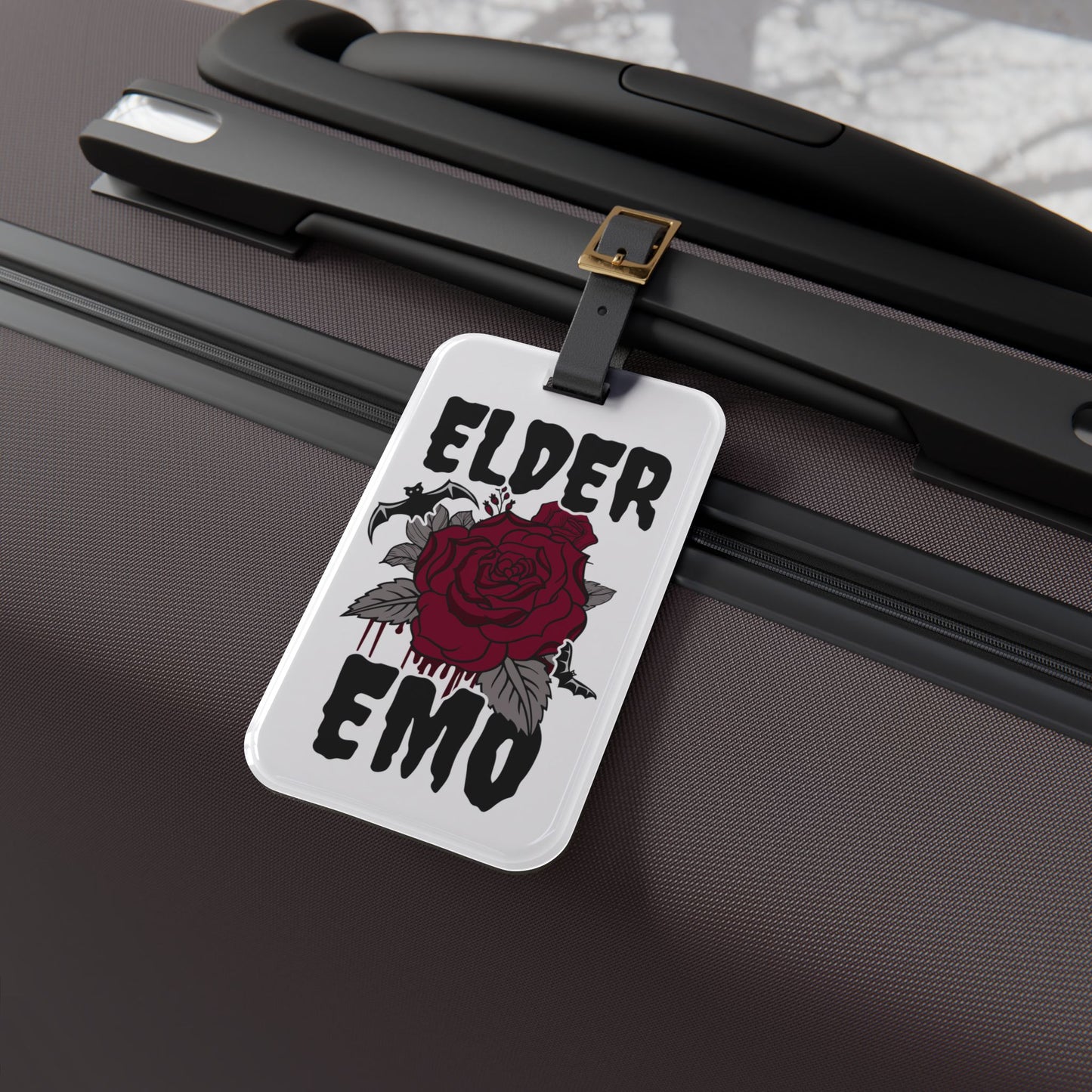 Elder Emo With Rose Luggage Tag | Dark Aesthetic Rose Travel Accessory | Baggage ID for Nostalgic Goth Punk Fans Perfect Emo Throwback Gift