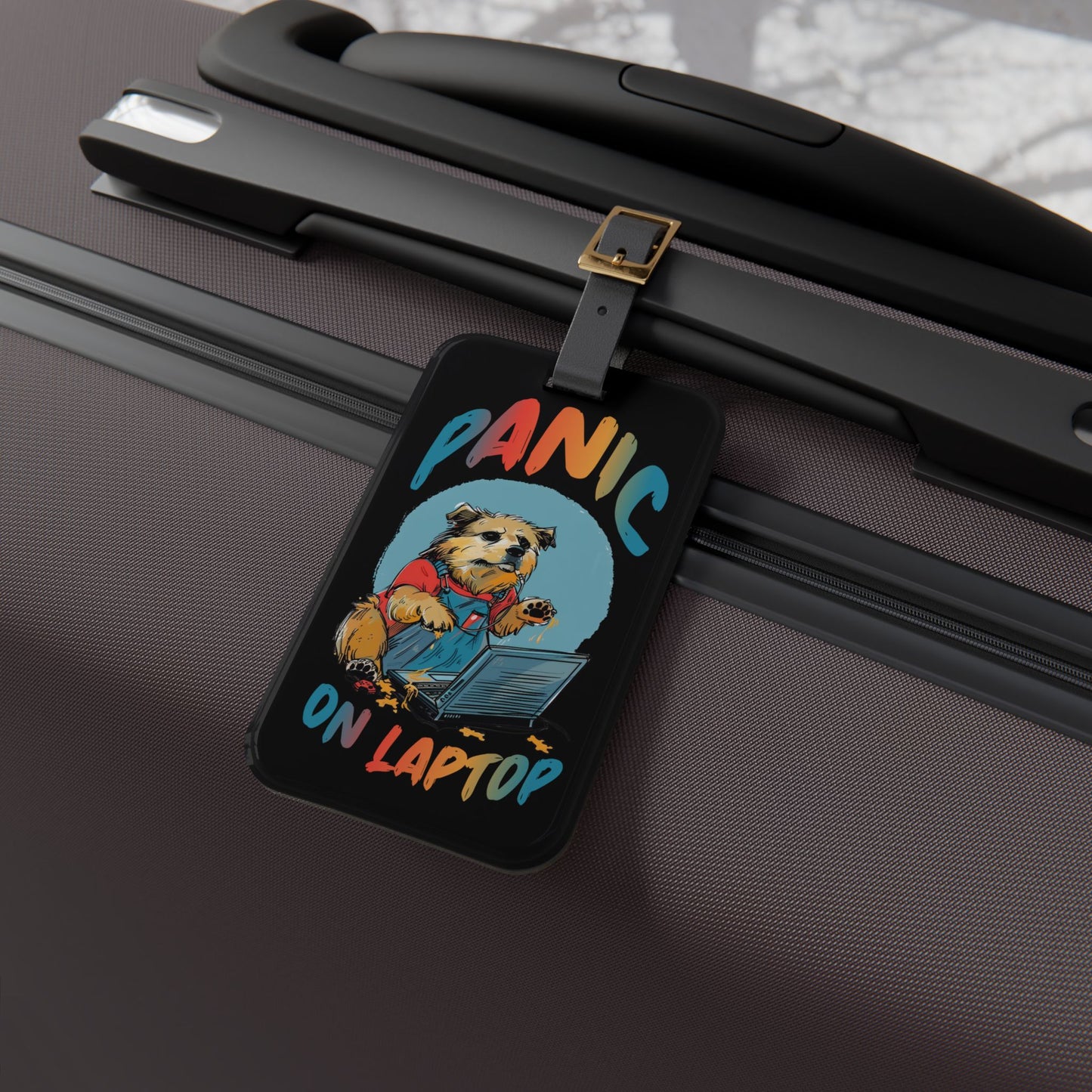 Panic On Laptop Luggage Tag | Funny Dog Computer Baggage ID | Gen Z Quotes | Zoomer Vibes | Hilarious Animal Humor | Perfect Gift Dog Lovers