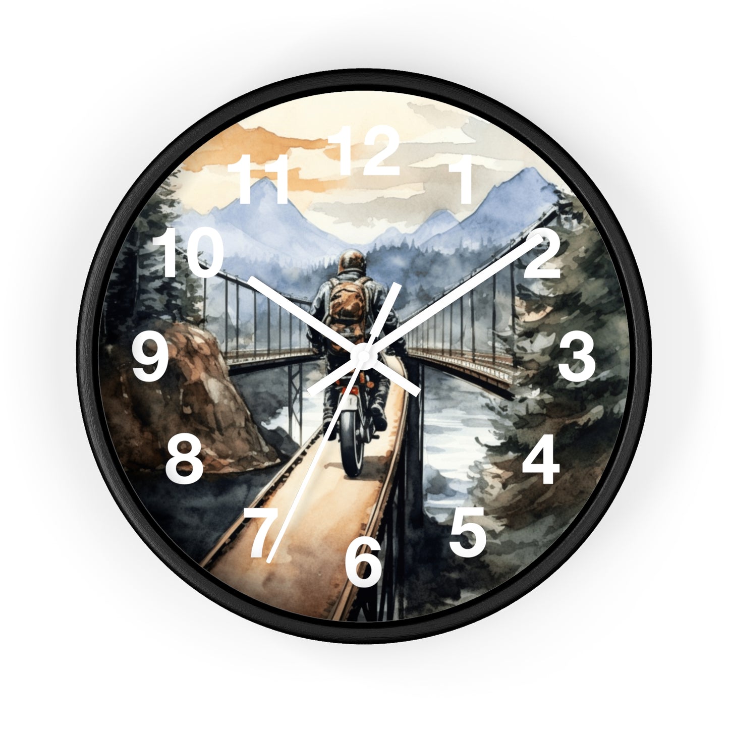 Scenic Bridge Wall Clock | Mountain Forest Peaceful Ride | Motorcycle Art | Unique Biker Decor Nature Adventure Gift Battery Operated Clock