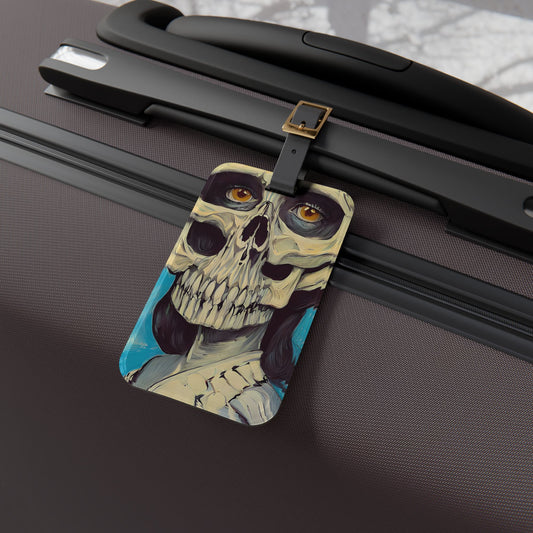 Creepy Skull Art Design Luggage Tag - Goth Style Death-Inspired Skeleton Head - Perfect Accessory for Gothic Aesthetics