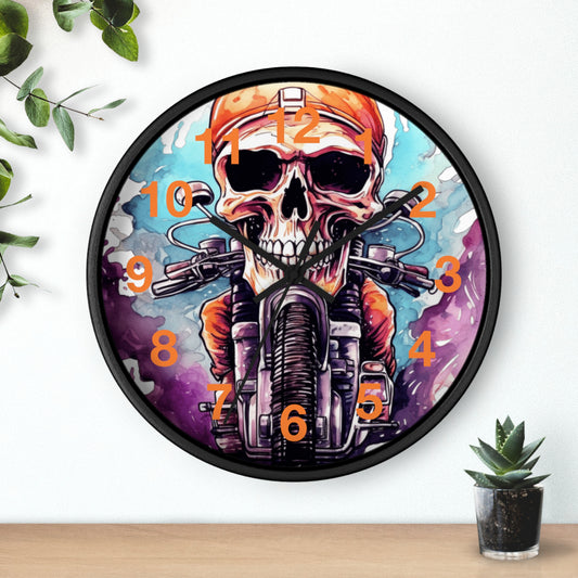 Splash Color Skull Biker Wall Clock | Edgy Motorcycle Art Decor | Battery Operated | Unique Gift for Bikers & Motorcycle Enthusiasts