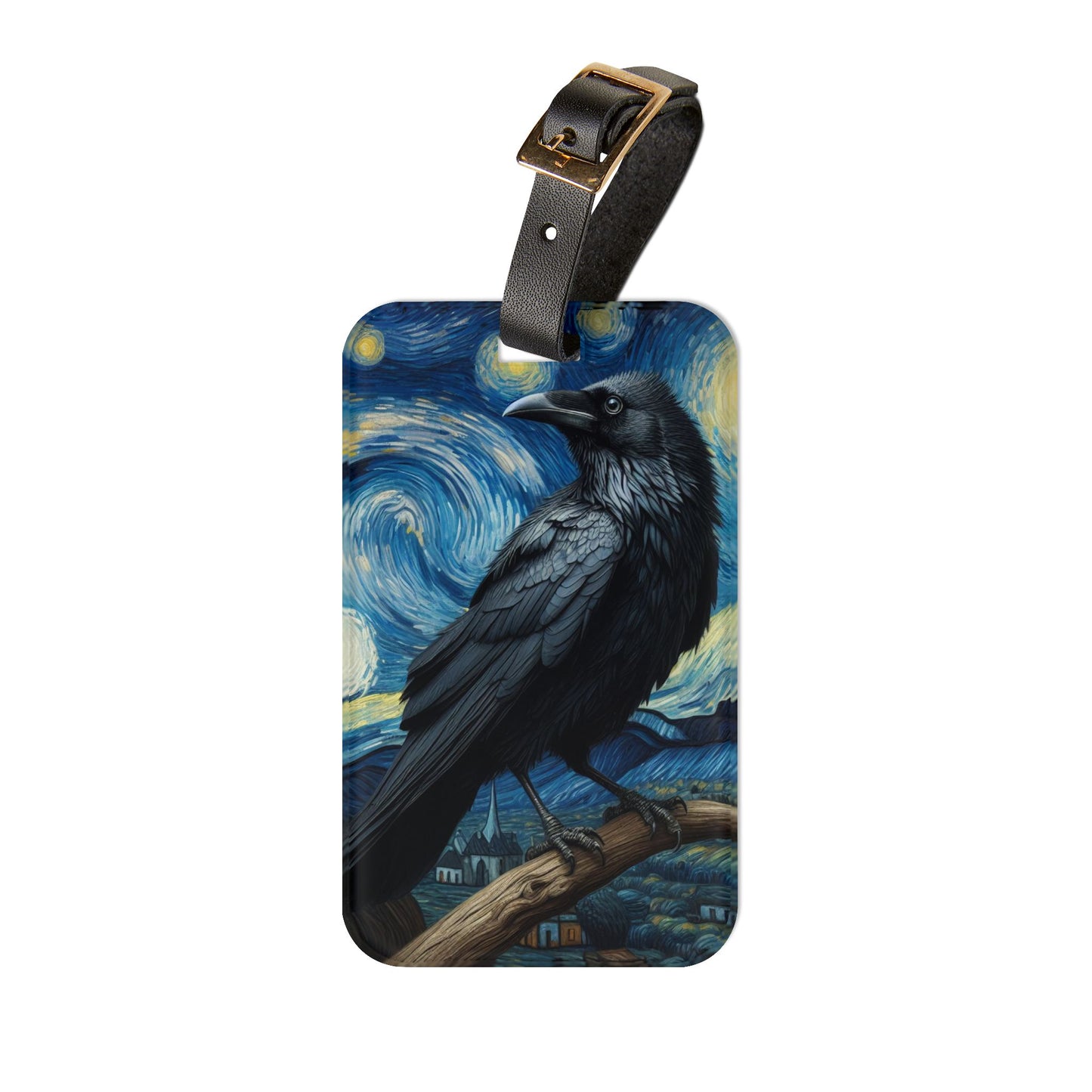 Black Raven Night Sky Luggage Tag | Starry Night-Inspired Gothic Travel Accessory | Raven Lovers Baggage ID | Witchy Gift