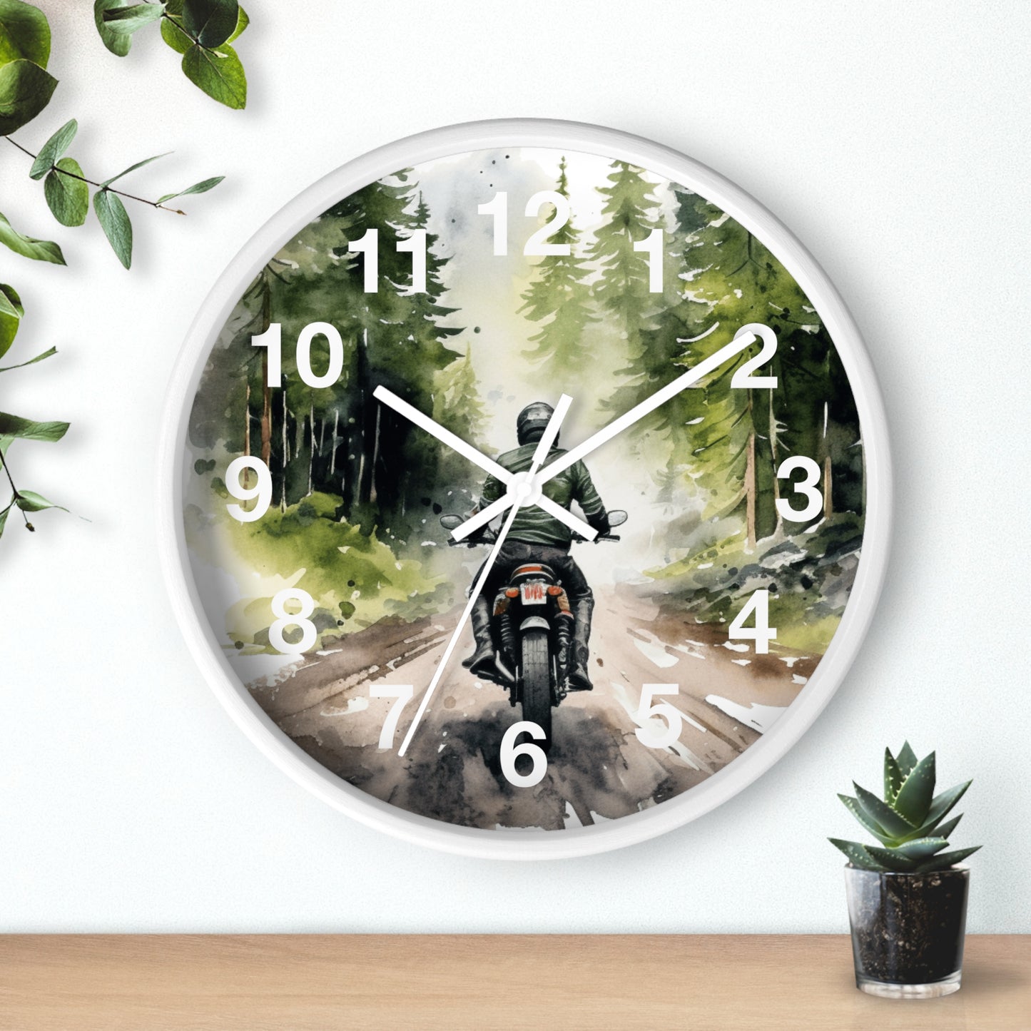 Biker Riding Through Forest Wall Clock | Woods Road Motorcycle Art | Unique Biker Decor | Outdoor Adventure Clock | Gift for Bikers