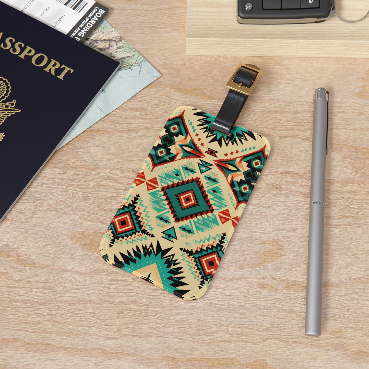 Turquoise Blue Aztec Western Luggage Tag | Bold Baggage ID | Western Cowboy Travel Accessory | Native American Inspired Design Southwestern