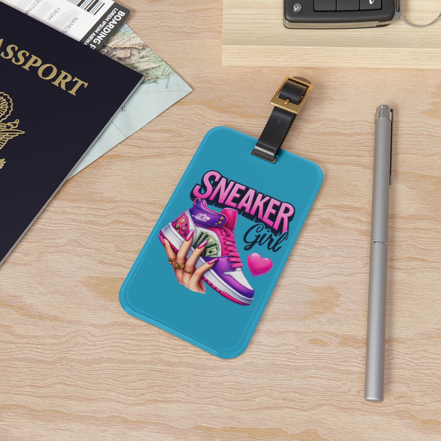 Sneaker Girl Hand Luggage Tag | Bold Nail Art and Money Vibes Baggage ID | Womens Urban Fashion Travel Accessory Stylish Gift Sneakerheads