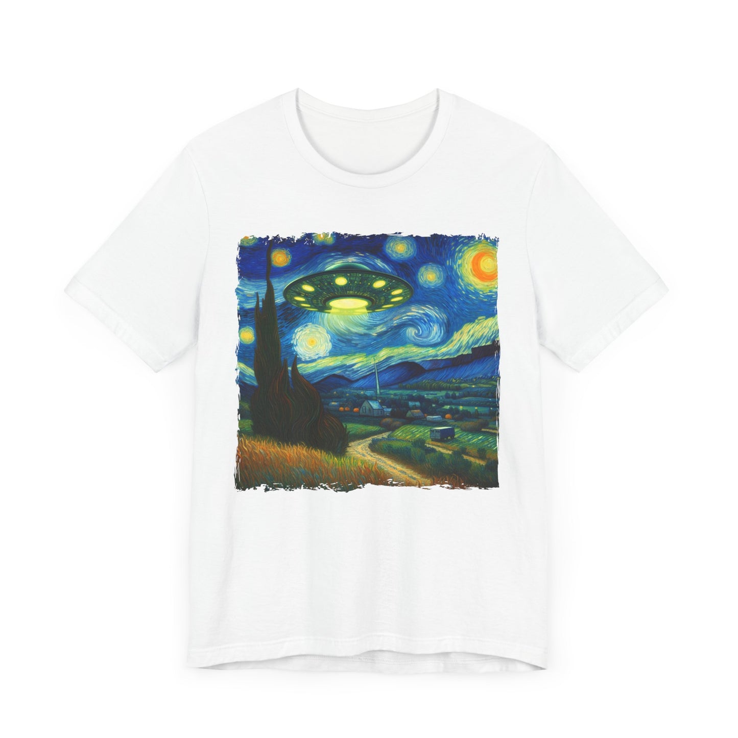 Alien UFO Night Sky Shirt | Starry Night-Inspired Outer Space Art | Cosmic Sci-Fi Tee for Alien Enthusiasts UFO Believers Funny Alien Gift