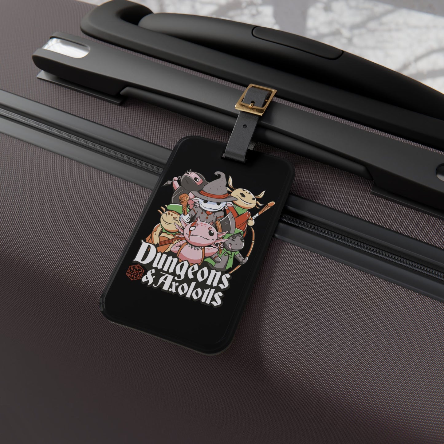 Dungeons and Axolotls Luggage Tag | Funny Axolotl Lover Baggage ID | Nerdy Parody Travel Accessory | Fantasy Roleplaying Gift Axolotl Fans