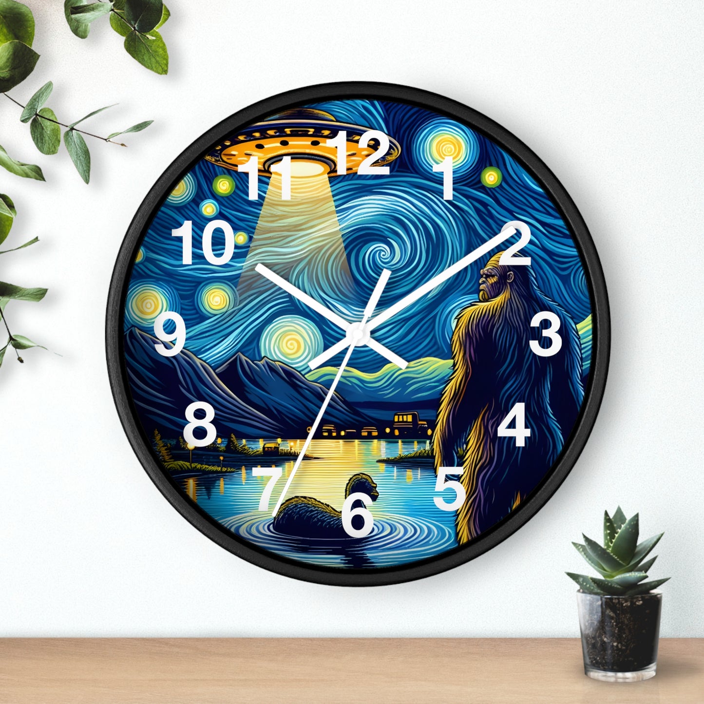 Bigfoot Alien Spaceship Night Sky Wall Clock | Battery Operated | Sasquatch Meets Extraterrestrial Art Bigfoot Fan Gift UFO Humor Wall Decor