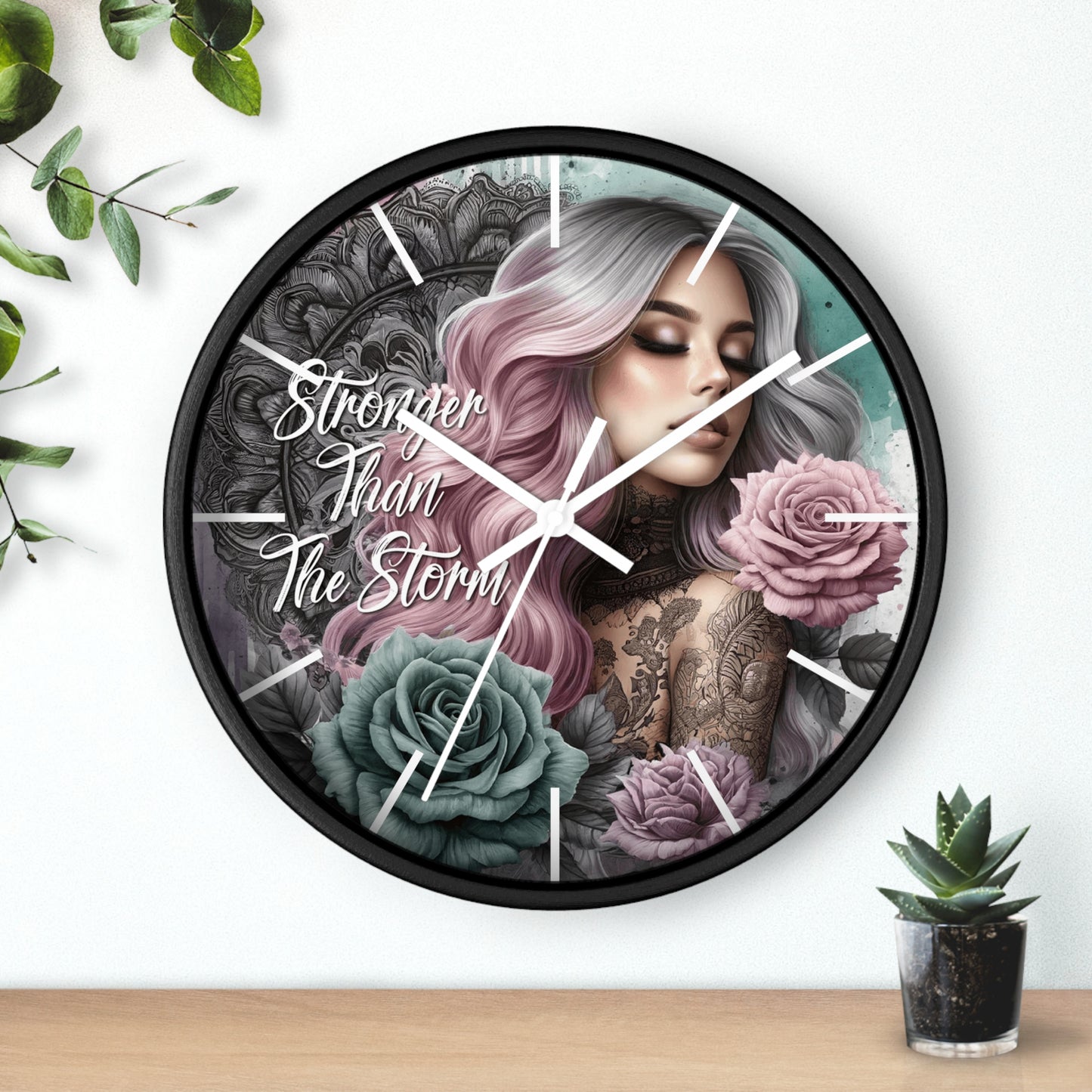 Stronger Than the Storm Wall Clock | Empowering Affirmation Quote Art | Battery Operated | Beautiful Woman Flowers Bold Dark Aesthetic Decor