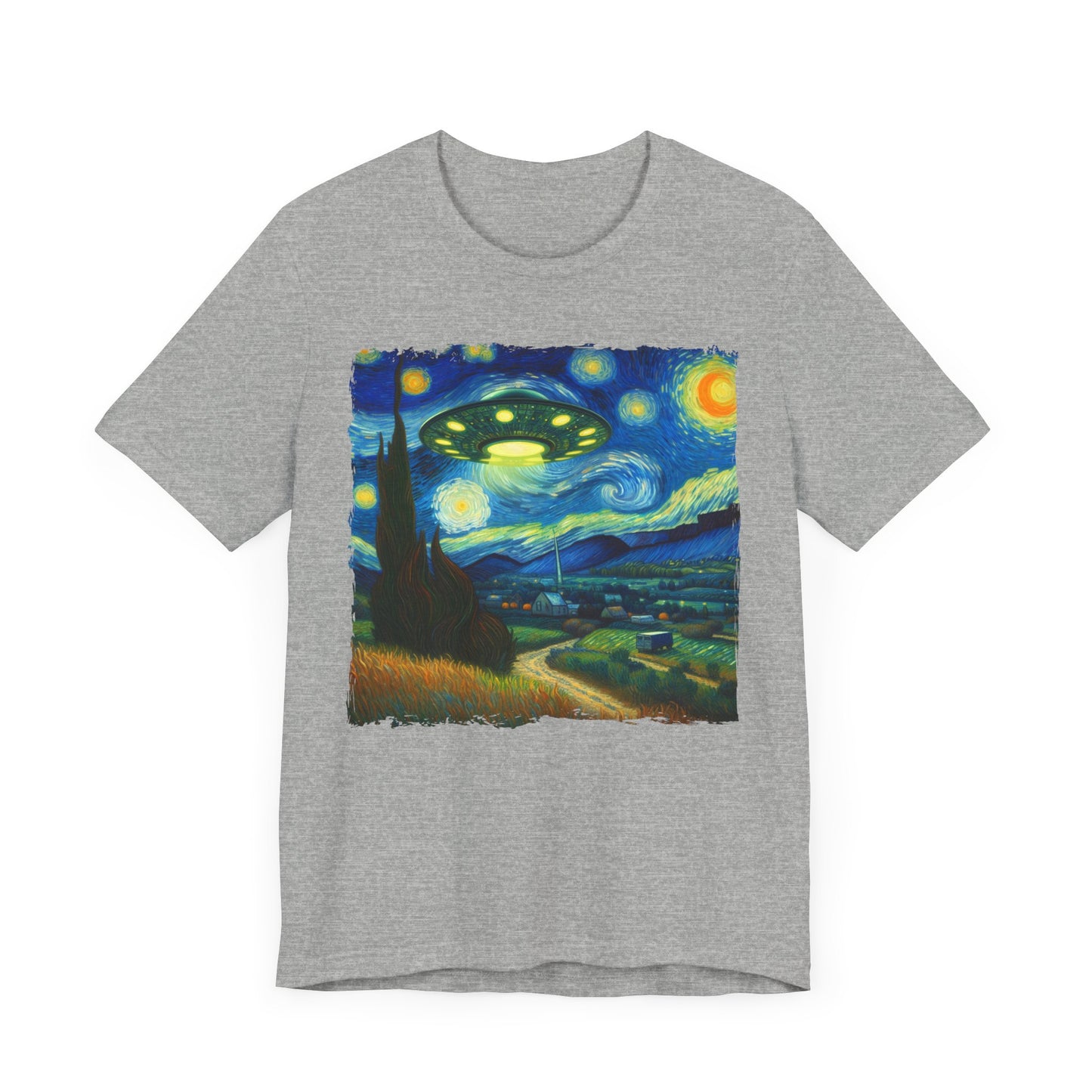 Alien UFO Night Sky Shirt | Starry Night-Inspired Outer Space Art | Cosmic Sci-Fi Tee for Alien Enthusiasts UFO Believers Funny Alien Gift