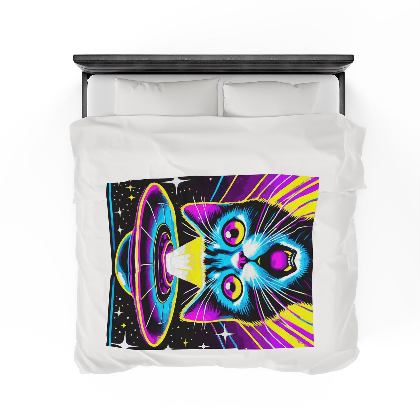 Colorful Cat Abduction Velveteen Plush Throw Blanket | Cool Cat Picked Up by Spaceship | Trippy Alien Decor Cat Lovers Cozy Fun Blanket Gift