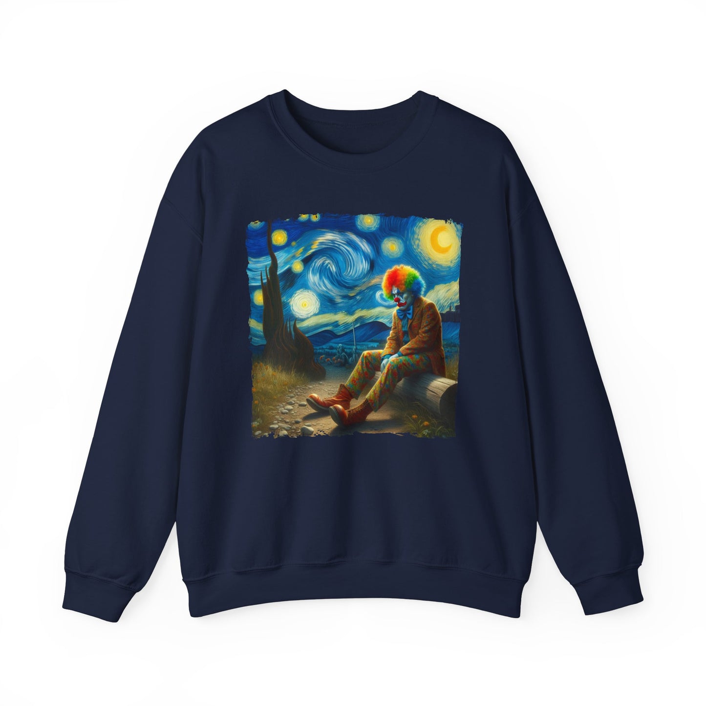 Sad Clown Night Sky Crewneck Sweater | Starry Night-Inspired Dark Humor Art | Unique Retro Clown Sweatshirt Circus Lovers | Hilarious Gift