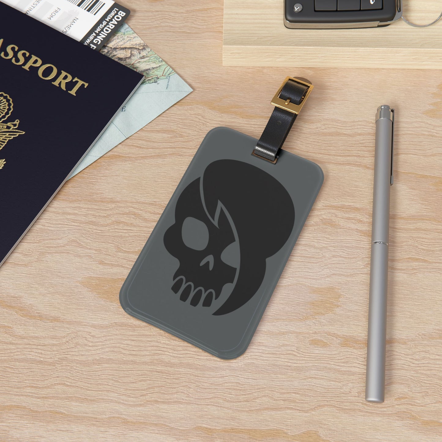 Skull With Emo Hair Luggage Tag | Grey Gothic Style Travel Accessory | Emo Statement Baggage ID | Spooky and Stylish Gift for Emo Lovers