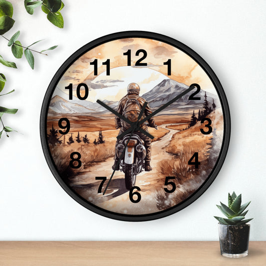 Scenic Mountain Dirt Road Wall Clock Watercolor Style Open Road Motorcycle Art Unique Biker Decor Adventure Gift for Bikers Battery Operated