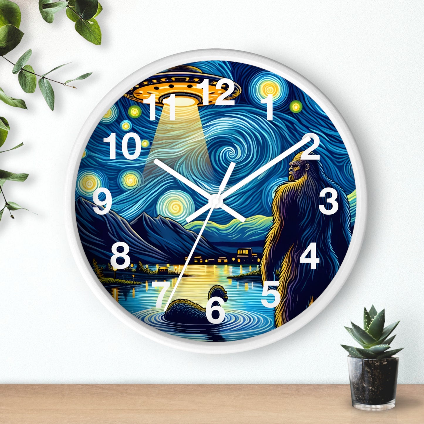 Bigfoot Alien Spaceship Night Sky Wall Clock | Battery Operated | Sasquatch Meets Extraterrestrial Art Bigfoot Fan Gift UFO Humor Wall Decor