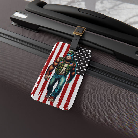 Bigfoot Military Support American Flag Luggage Tag | Patriotic Sasquatch Baggage ID USA Pride Travel Accessory Bigfoot Fans | Military Gift