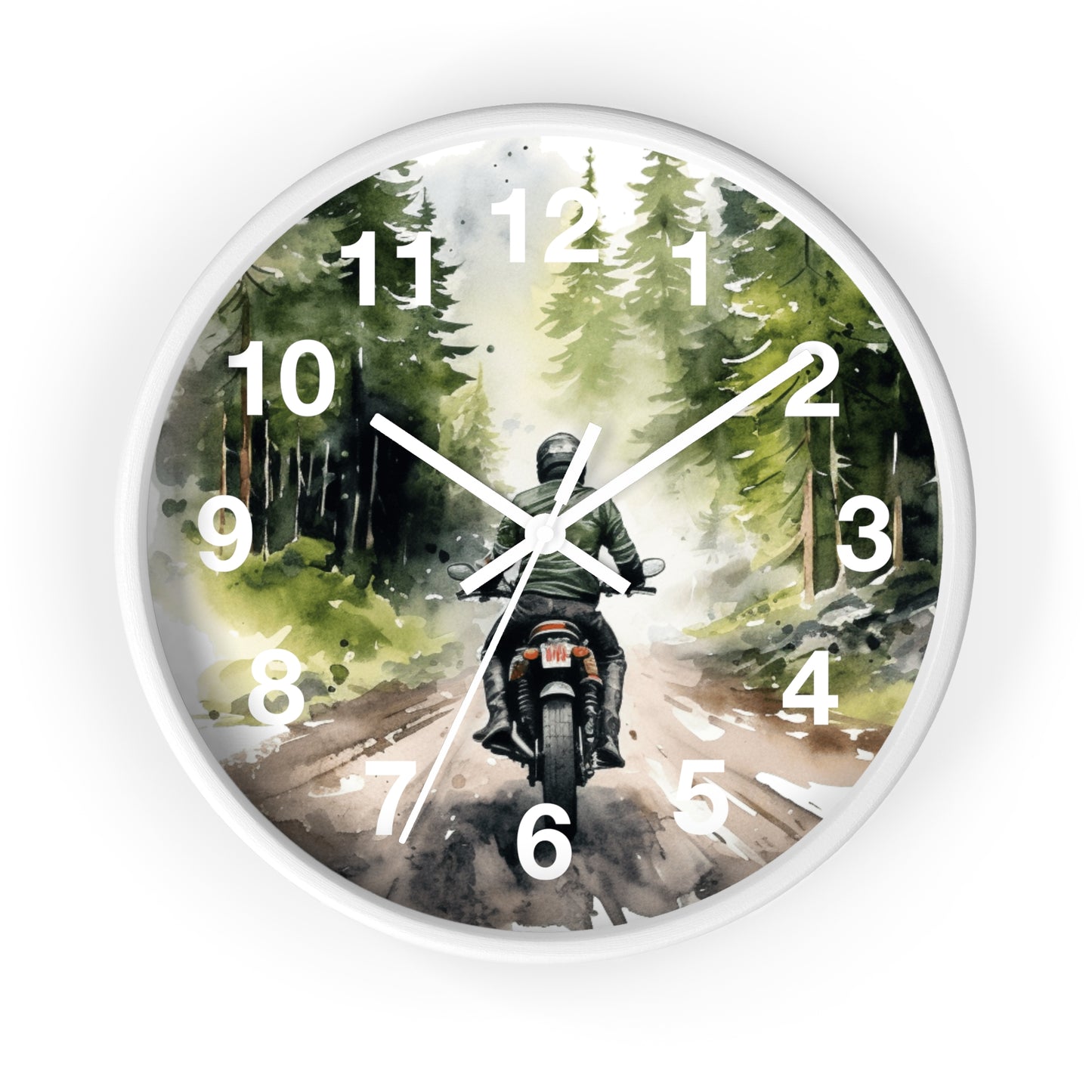 Biker Riding Through Forest Wall Clock | Woods Road Motorcycle Art | Unique Biker Decor | Outdoor Adventure Clock | Gift for Bikers