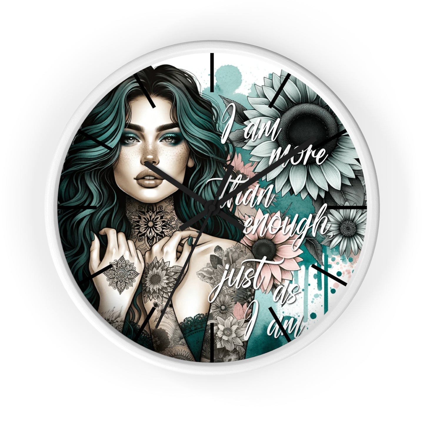 I Am More Than Enough Wall Clock | Affirmation Quote Art | Battery Operated Beautiful Woman with Flowers Dark Aesthetic Manifestation Decor