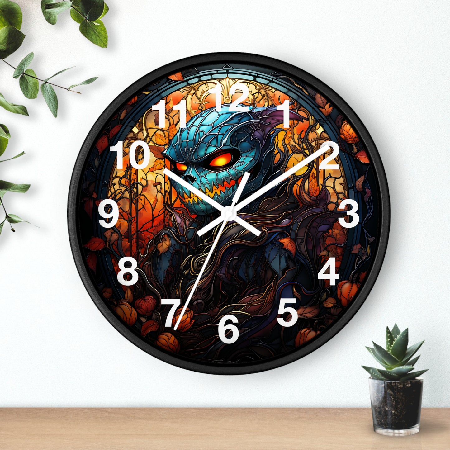 Scary Blue Gremlin Style Monster Stained Glass Wall Clock | Halloween Spooky Decor | Battery Operated Witch Monster Accent Horror Fans Gift