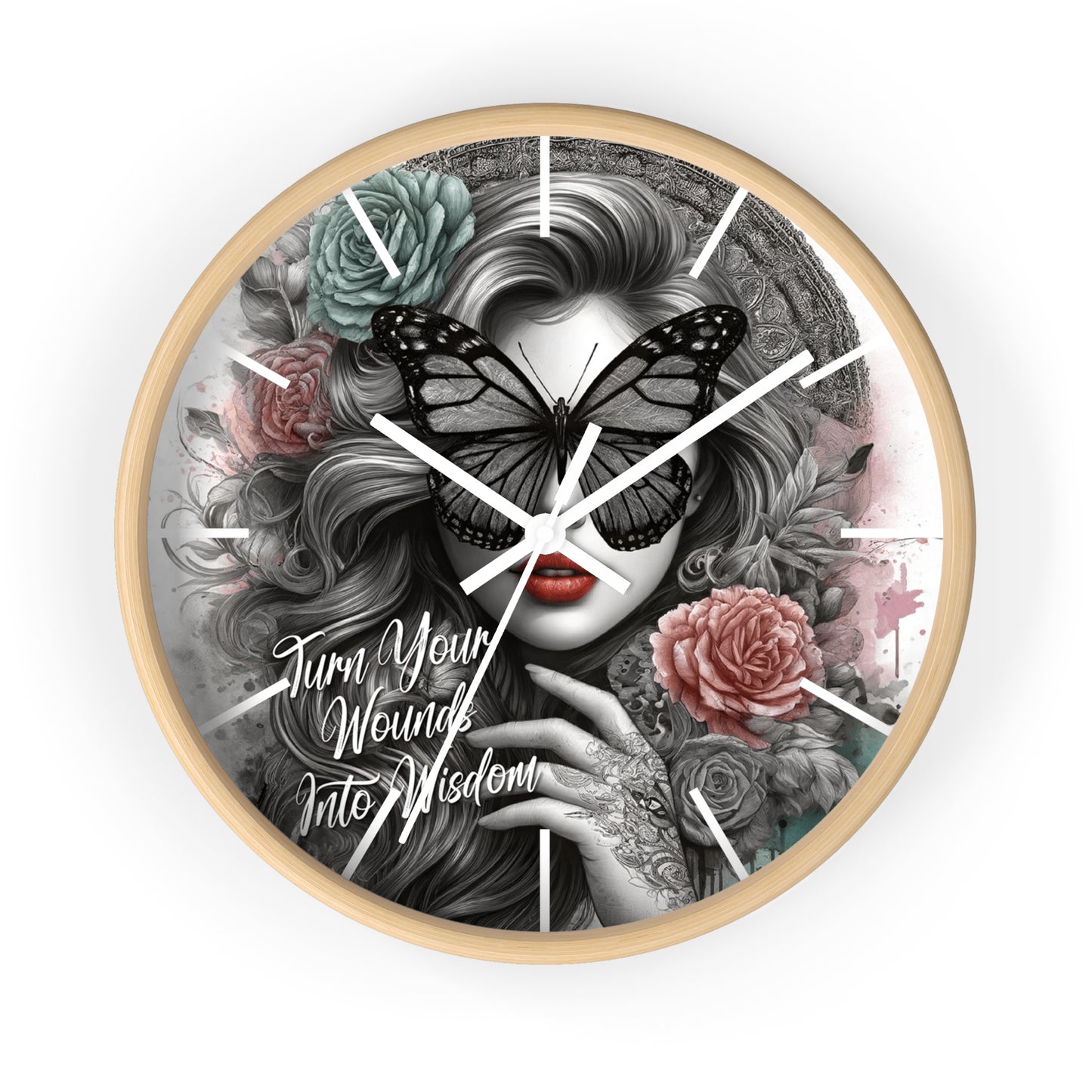 Turn Your Wounds to Wisdom Wall Clock | Inspirational Affirmation Art | Battery Operated | Elegant Woman with Flowers Dark Aesthetic Decor