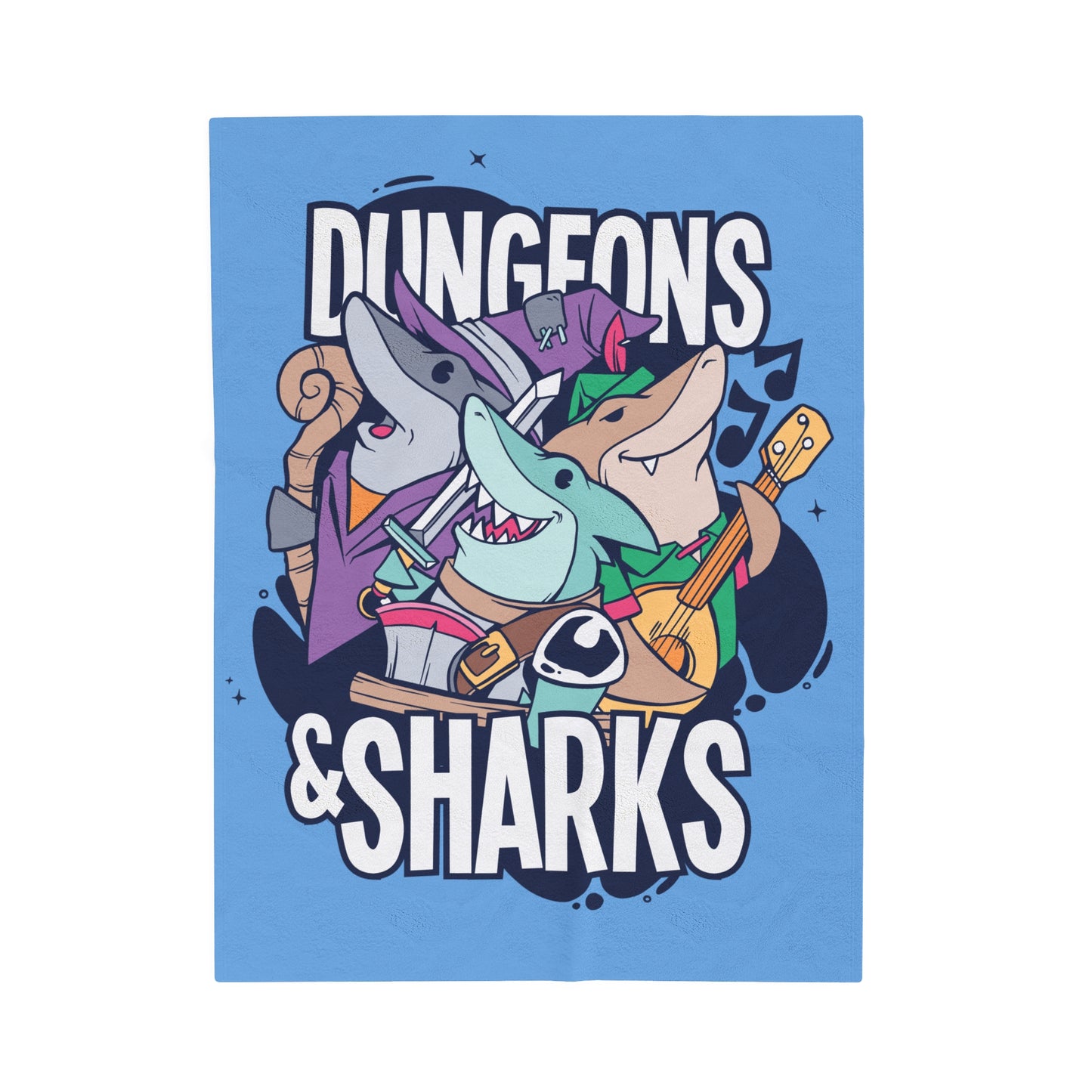 Dungeons and Sharks Velveteen Plush Throw Blanket | Funny Shark Lover Gift | Nerdy Parody Blanket | Fantasy Roleplaying Cozy Ocean Decor