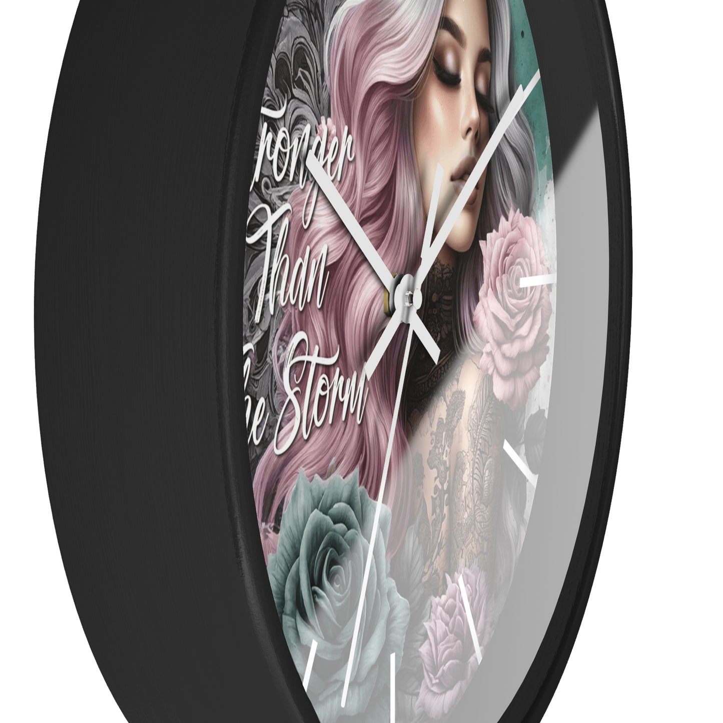 Stronger Than the Storm Wall Clock | Empowering Affirmation Quote Art | Battery Operated | Beautiful Woman Flowers Bold Dark Aesthetic Decor