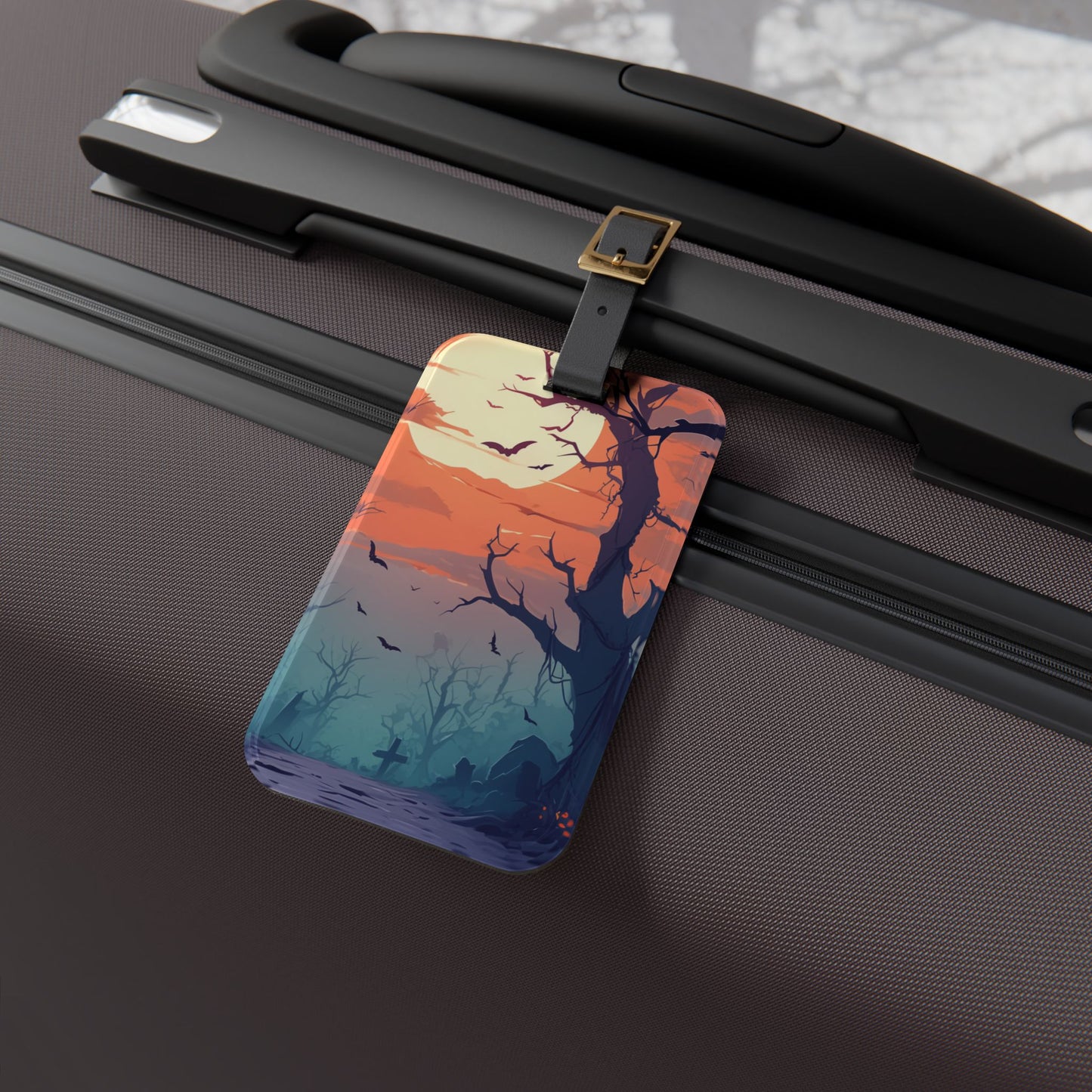 Scenic Sunset Graveyard Luggage Tag | Halloween Inspired Baggage ID | Spooky Gravestones | Goth Eerie Scenic Art | Dead Forest Witchy Vibe