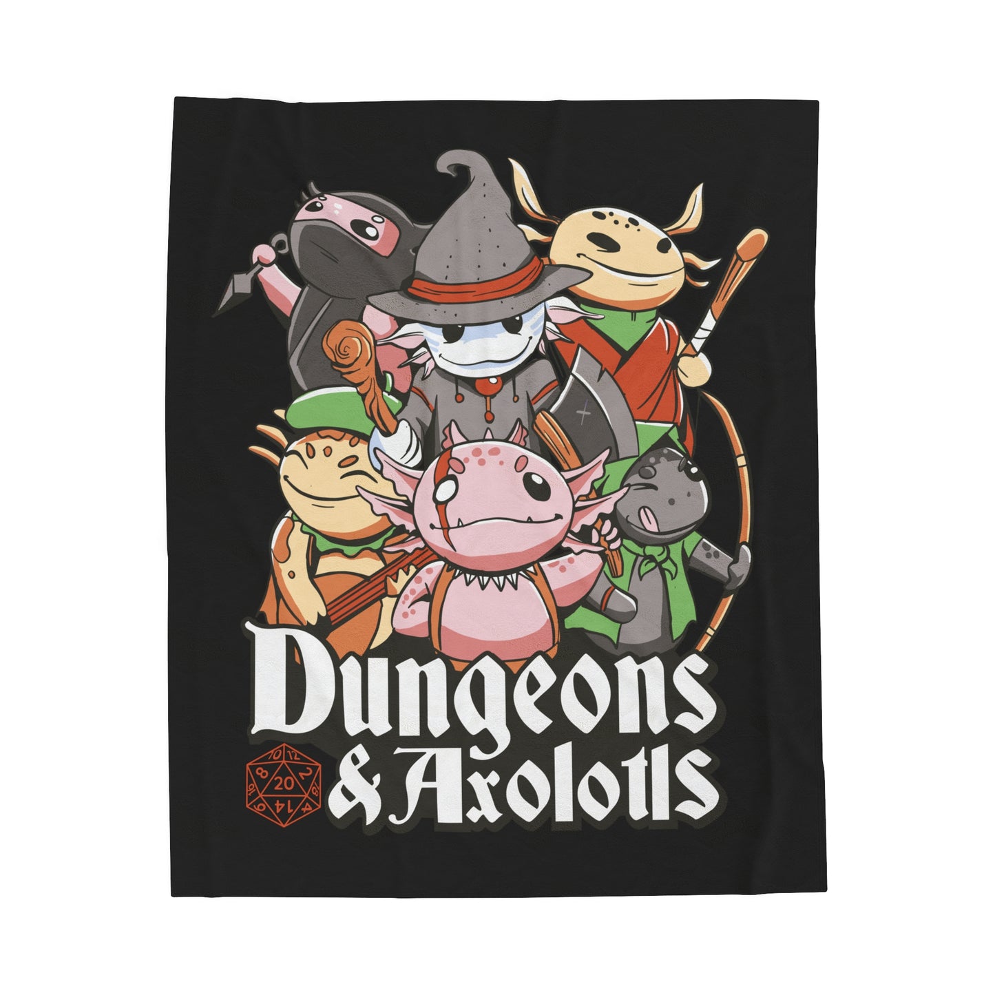 Dungeons and Axolotls Velveteen Plush Throw Blanket | Funny Axolotl Lover Gift | Nerdy Parody Blanket Fantasy Roleplaying Cozy Aquatic Decor