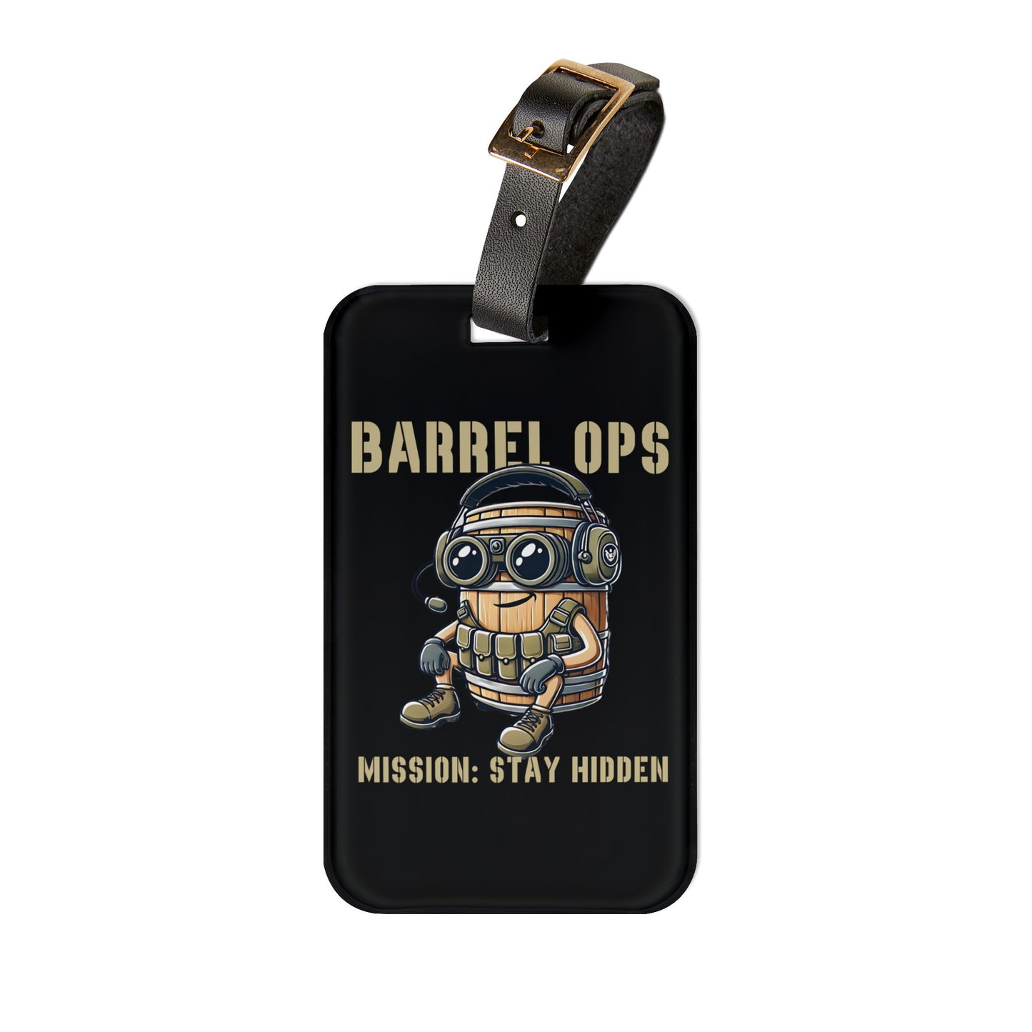 Barrel Ops Tactical Cartoon Luggage Tag | Funny Prop Hunt Baggage ID | Mission Stay Hidden Gamer Accessory | Unique Military Barrel Design