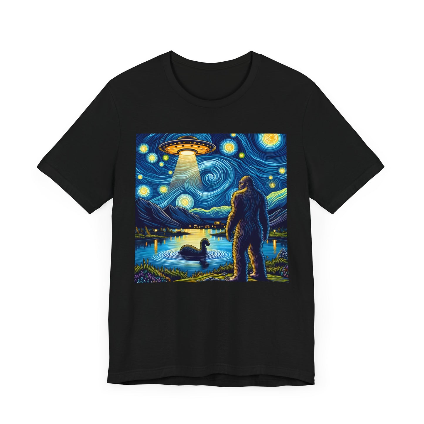 Bigfoot Alien Spaceship Night Sky Shirt | Sasquatch Meets Extraterrestrial Art | Fun UFO Humor Tee | Bigfoot Alien Lovers Gift Starry Night