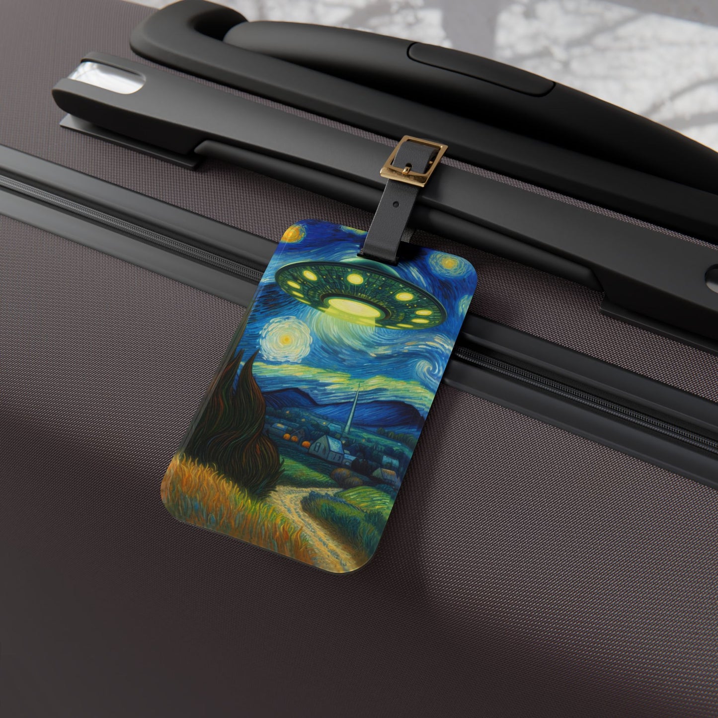 Alien UFO Night Sky Luggage Tag | Starry Night-Inspired Travel Accessory | Cosmic Sci-Fi Baggage ID for UFO Believers | Outer Space Gift