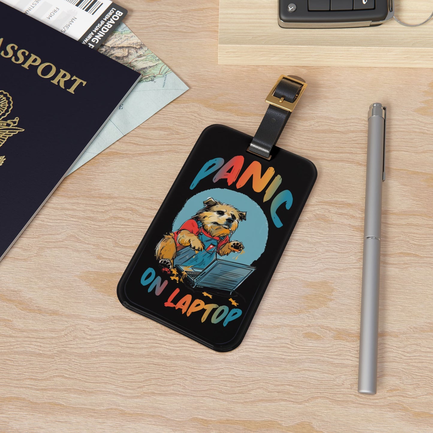 Panic On Laptop Luggage Tag | Funny Dog Computer Baggage ID | Gen Z Quotes | Zoomer Vibes | Hilarious Animal Humor | Perfect Gift Dog Lovers