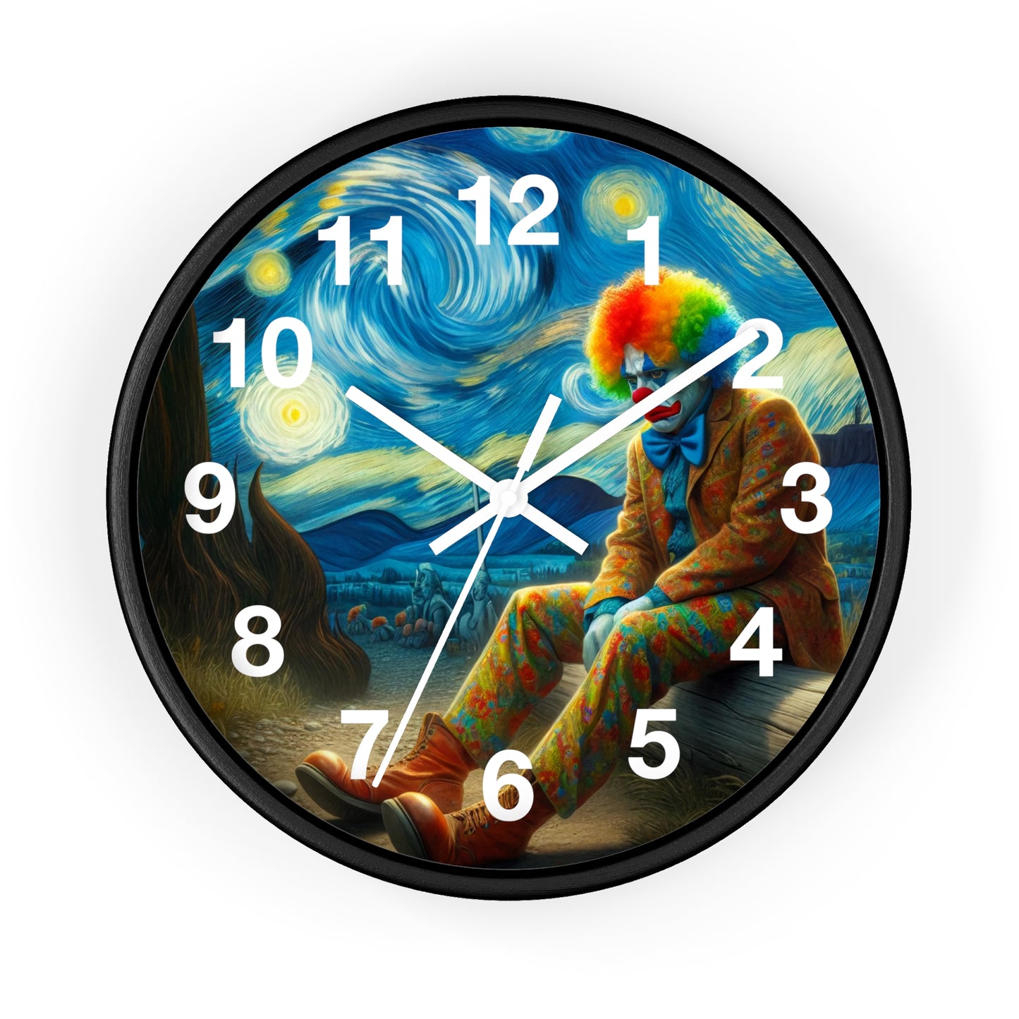 Sad Clown Night Sky Wall Clock | Battery Operated | Melancholic Art Inspired by Starry Night | Unique Gift Clown Lovers Artistic Wall Decor