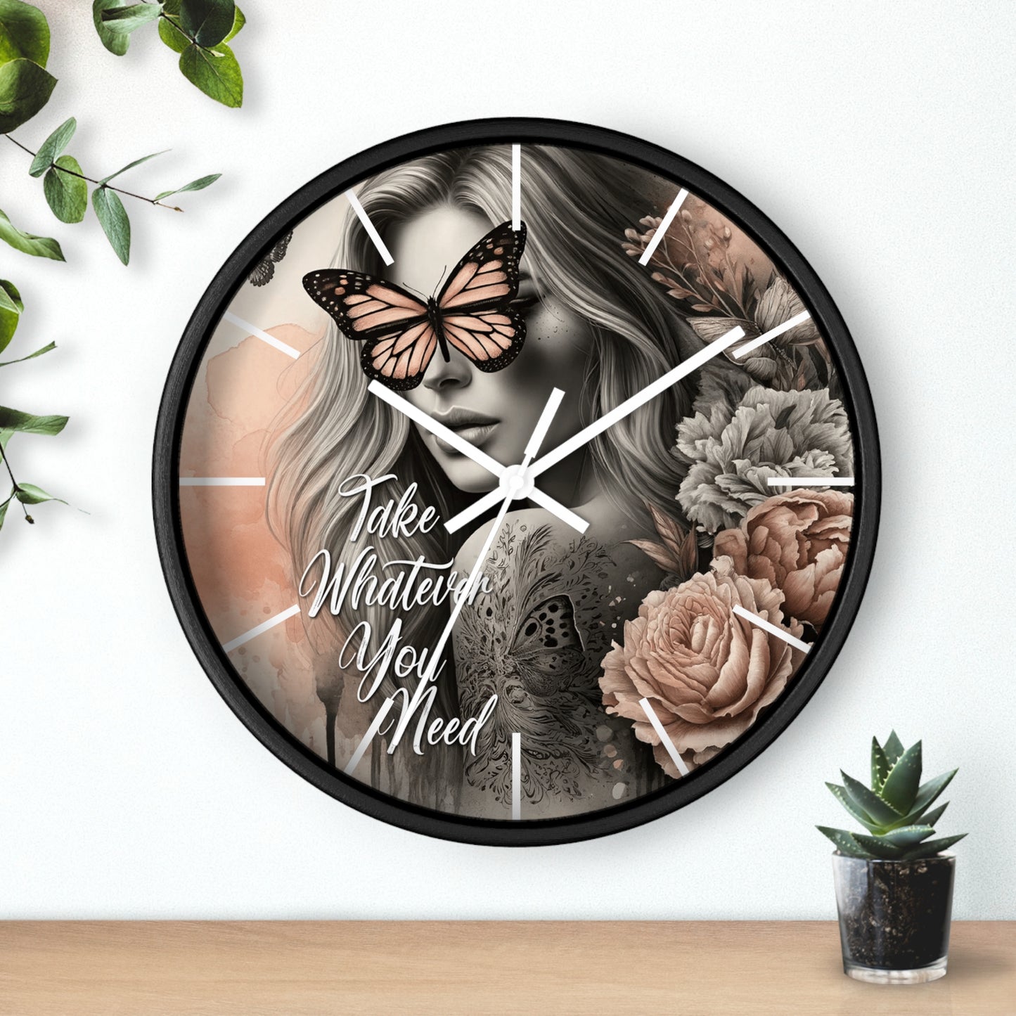 Take What You Need Wall Clock | Uplifting Affirmation Art | Battery Operated | Beautiful Woman with Flowers | Inspiring Dark Aesthetic Decor