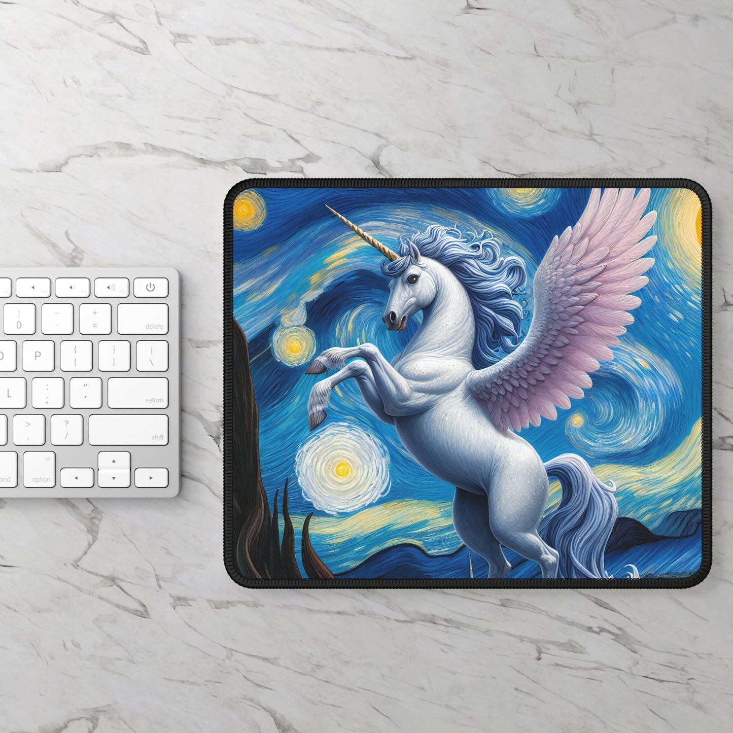 Magical White Unicorn Night Sky Non-Slip Mouse Pad | Starry Night-Inspired Art | Unicorn Lover Fantasy Gift Desk Mat Unicorn Computer Mat