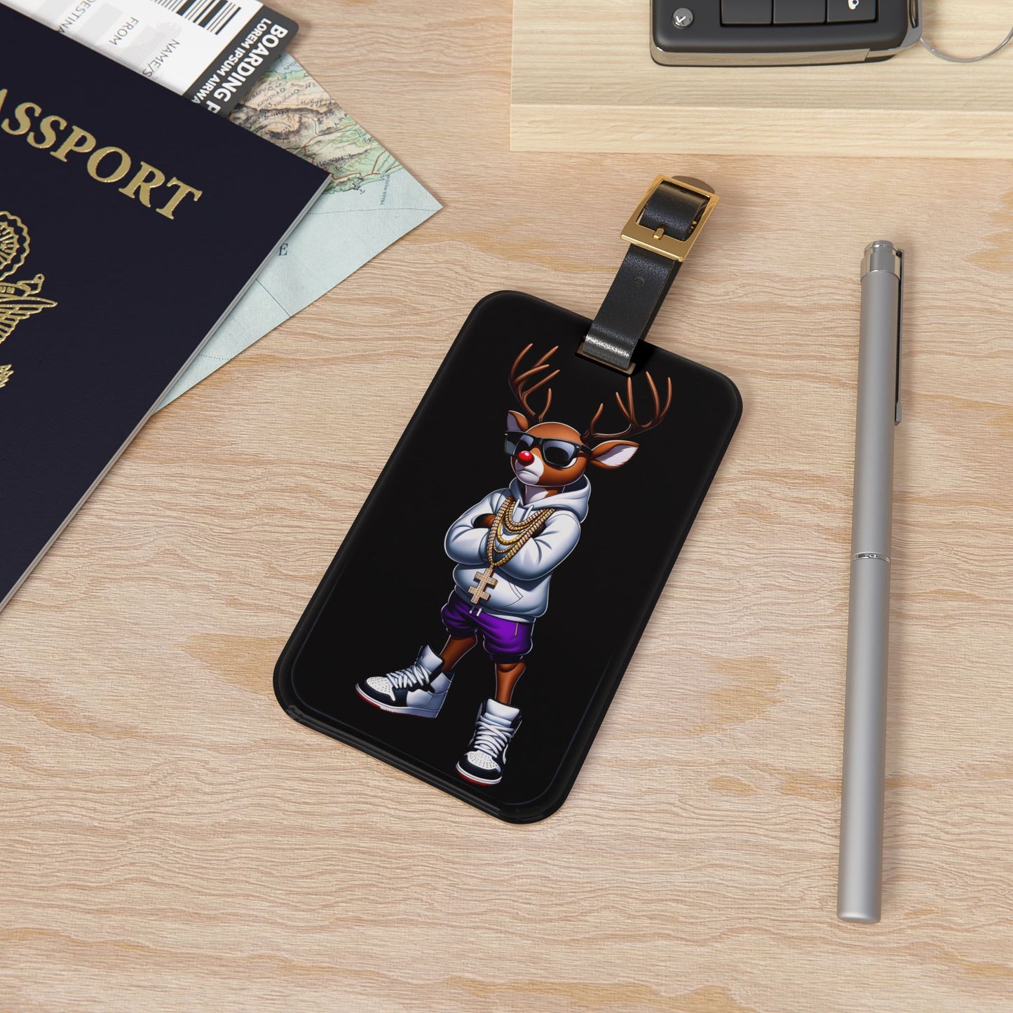 Reindeer Red Nose Christmas Gangster Luggage Tag | Hip Hop Fashion Travel Baggage ID | Urban Streetwear Holiday Accessory Christmas GIft