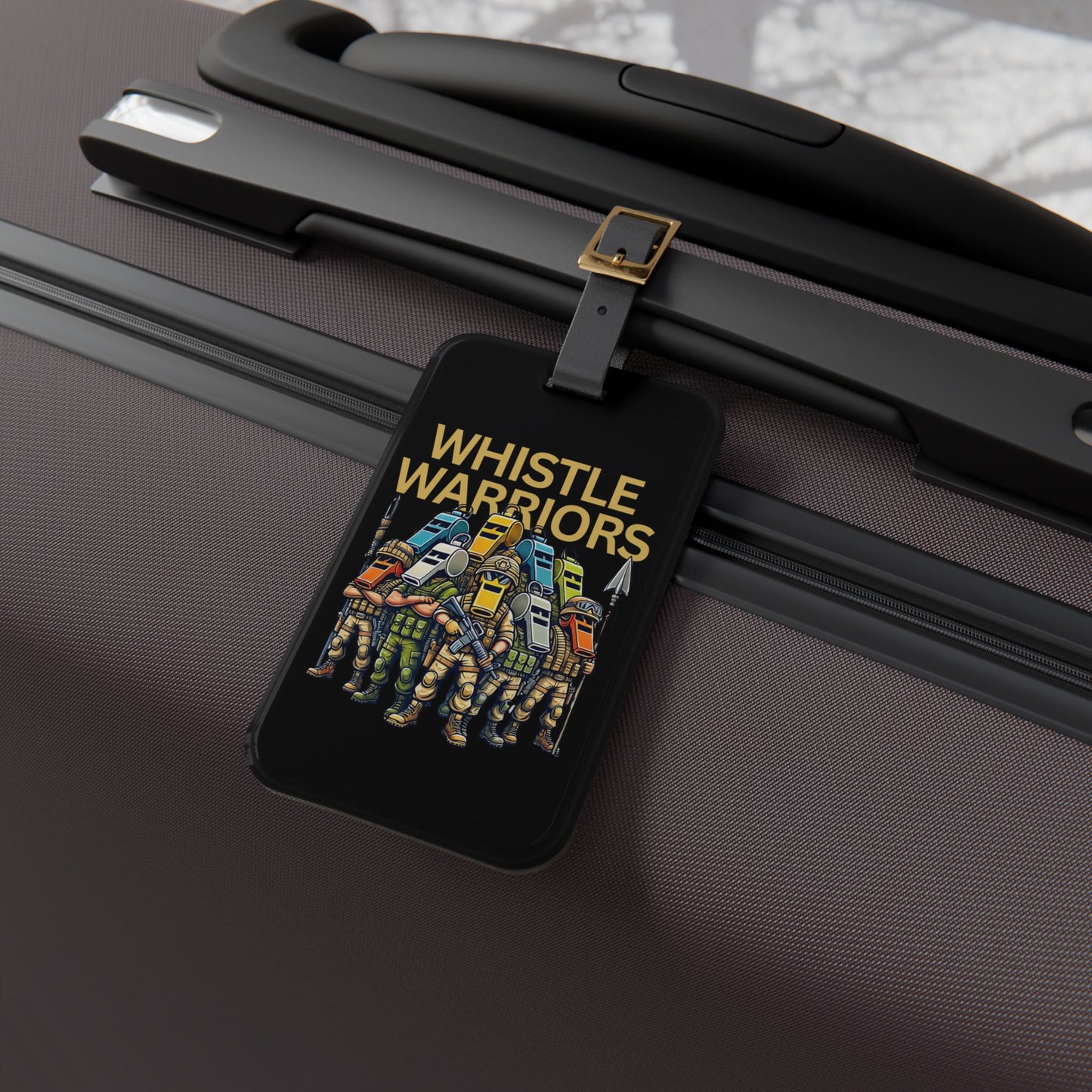 Whistle Warriors Luggage Tag | Tactical Cartoon Whistle Soldiers Baggage ID Funny Military Prop Hunt Design Unique Gamer Gift Bold Team Art