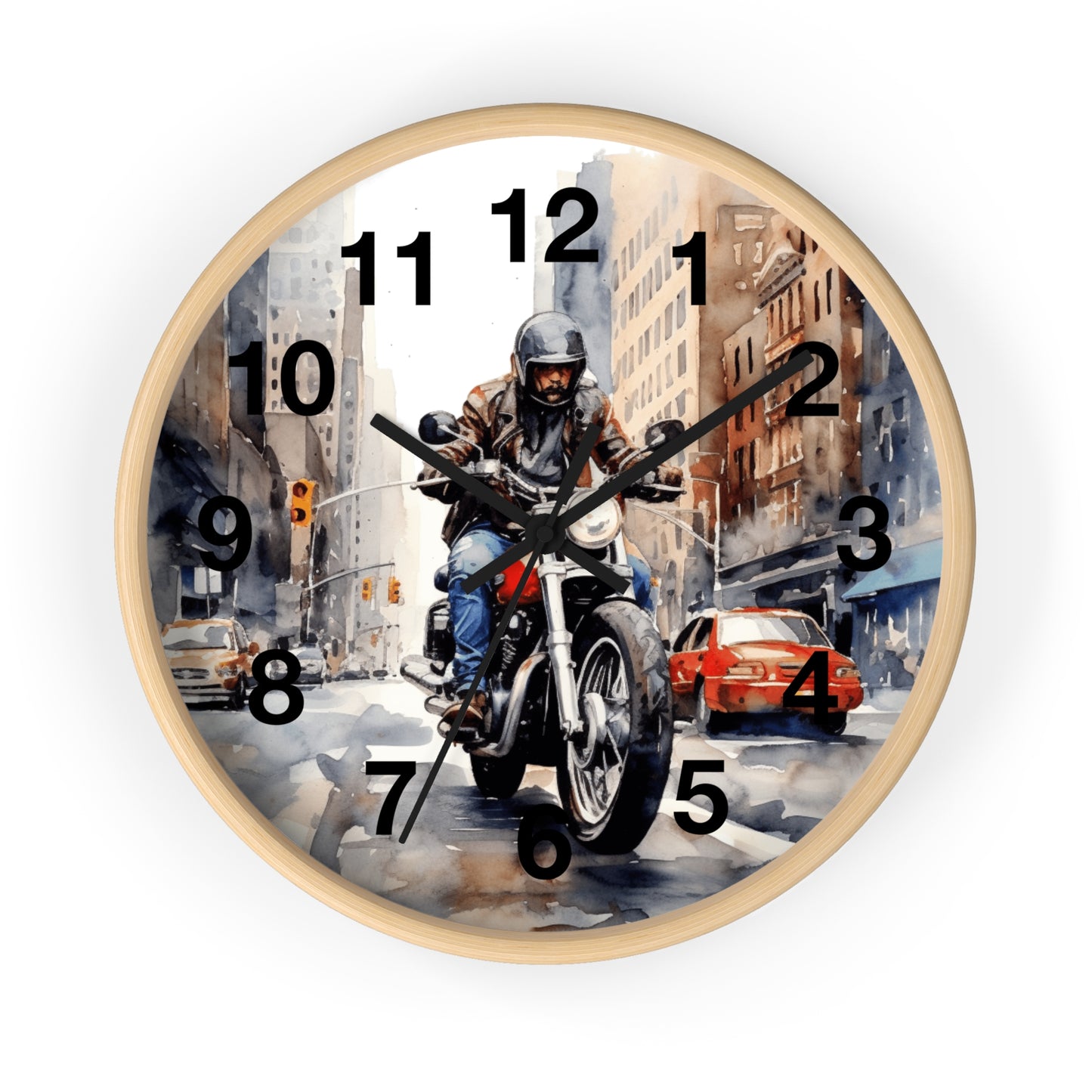 City Street Motorcycle Wall Clock | Urban Biker Decor | Rider Through City Art | Unique Gift for Bikers Cool Man Cave Clock Battery Operated