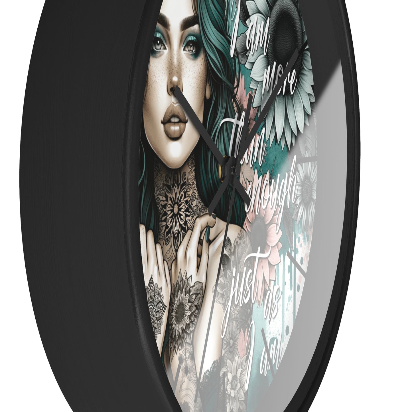 I Am More Than Enough Wall Clock | Affirmation Quote Art | Battery Operated Beautiful Woman with Flowers Dark Aesthetic Manifestation Decor