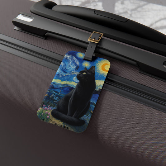 Mystical Black Cat Under Starry Night Luggage Tag | Enchanting Travel Accessory | Perfect Gift for Cat Lovers | Witchcraft Baggage ID