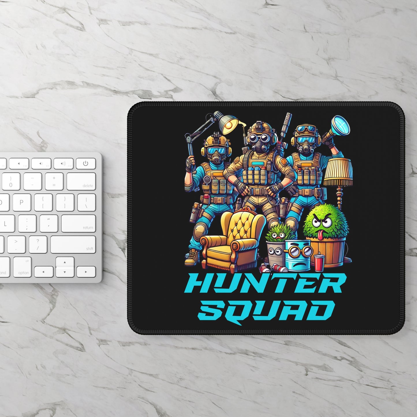 Hunter Squad Cartoon Non Slip Mouse Pad | Tactical Prop Hunt Team Design | Funny Gamer Illustration | Dynamic Props & Hunters Battle Scene