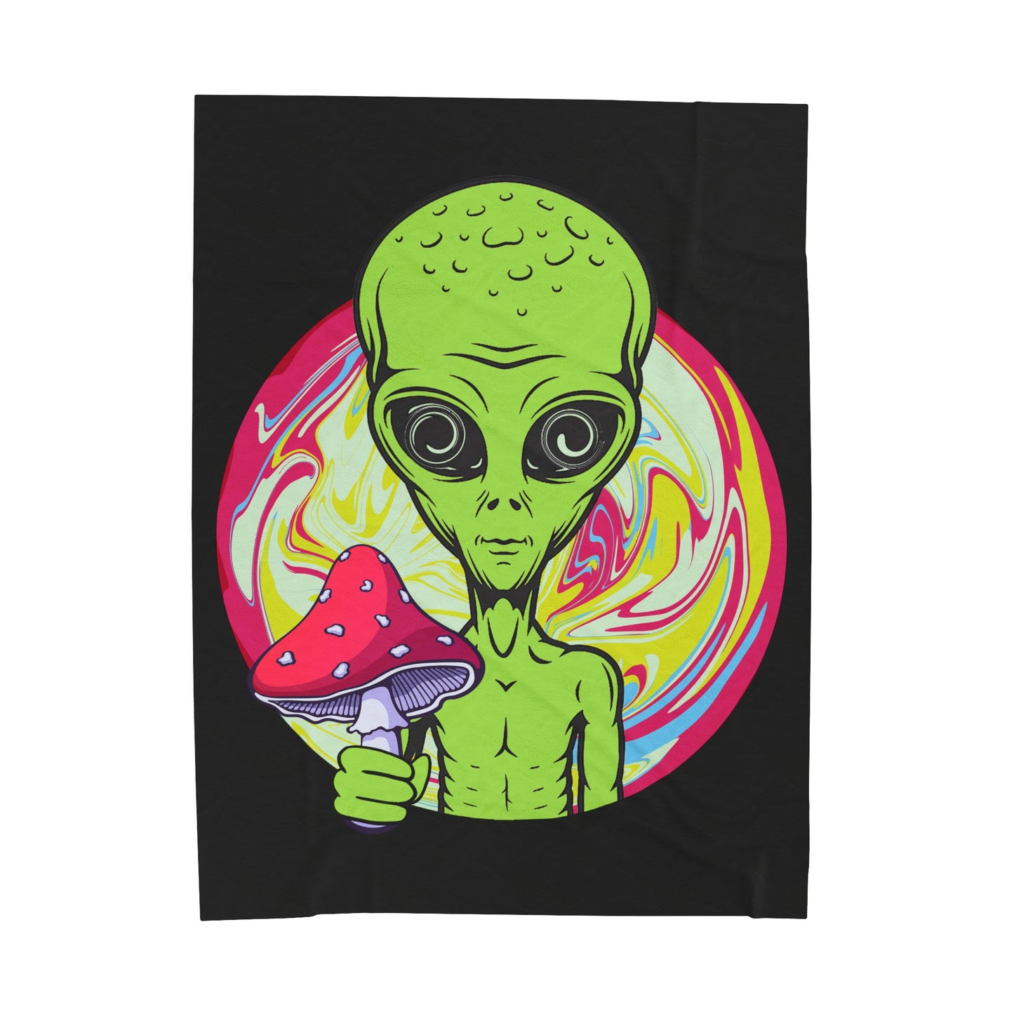 Alien Holding Mushroom Velveteen Plush Throw Blanket | Trippy Psychedelic Blanket | Rave Festival Accessory Cozy Gift Alien Mushroom Lovers