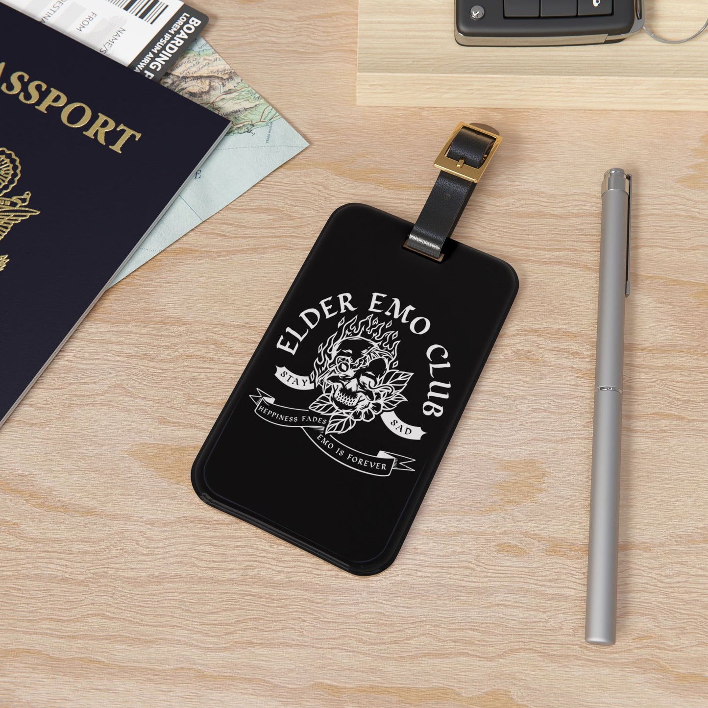 Elder Emo Club Luggage Tag | Emo Culture Travel Accessory | Happiness Fades Baggage ID | Gothic Punk Travel Accessory Not Just a Phase Black